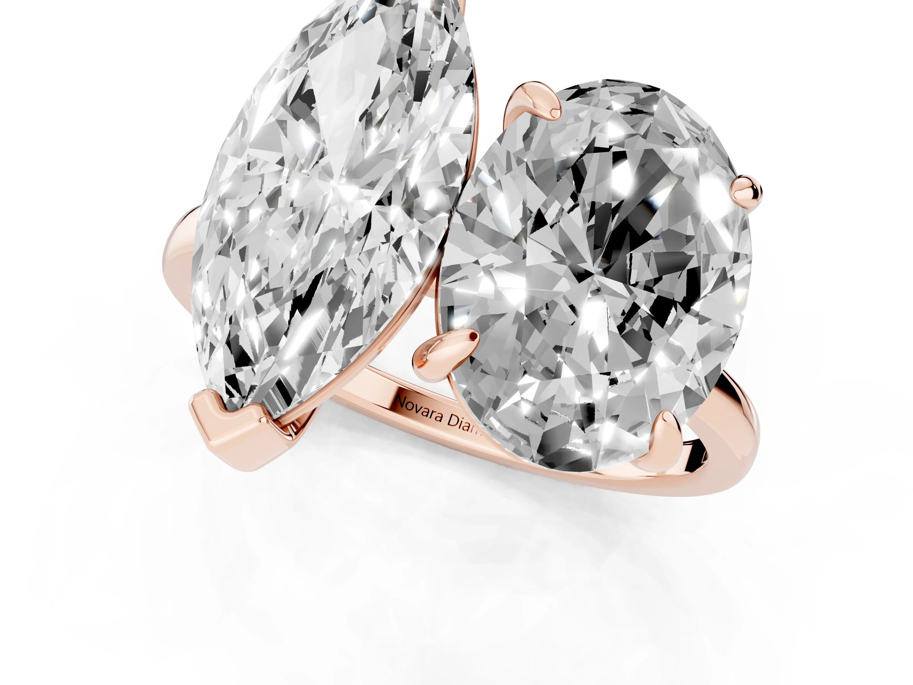Oval and Marquise Toi Moi Ring Set in Rose gold with Prong Setting and Plain Band – second view