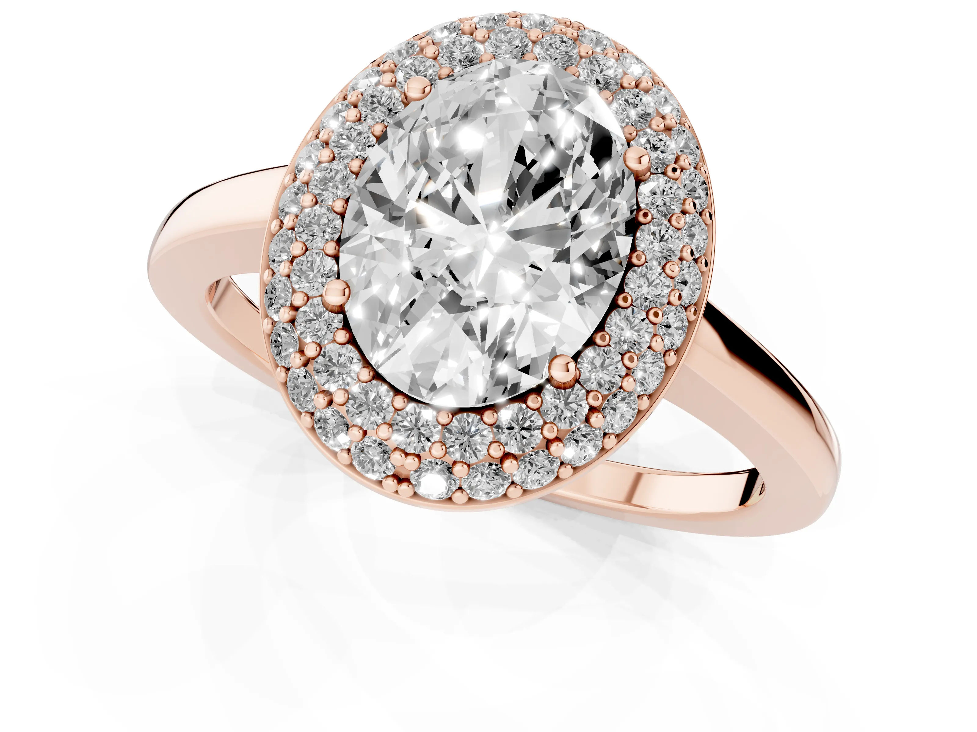 Oval Cut Diamond Halo Engagement Ring Set in Rose gold with Solitaire Band and Prong Setting
