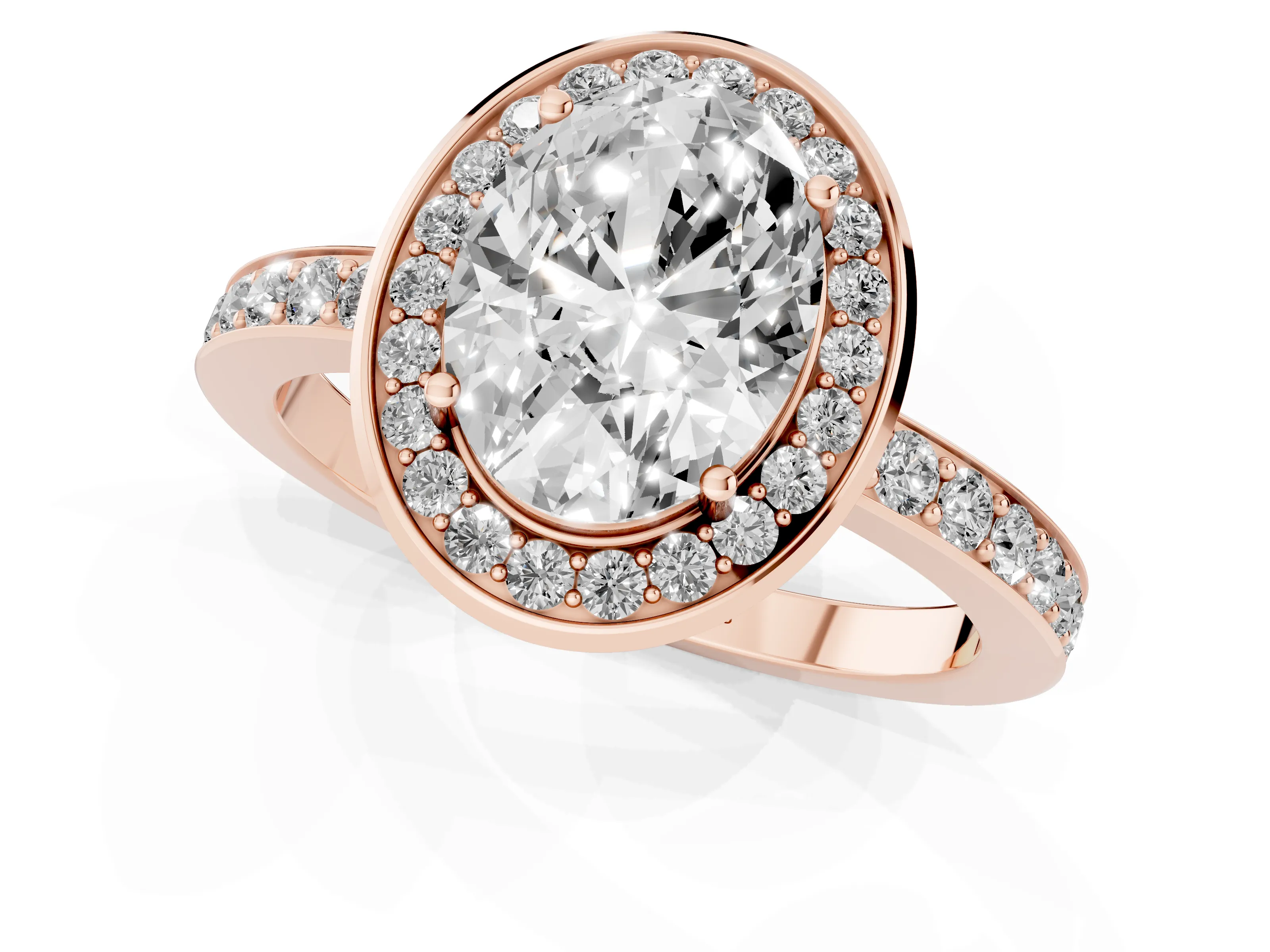 Oval Cut Diamond Halo Ring Set in Rose gold with Bezel Frame and Pavé Band