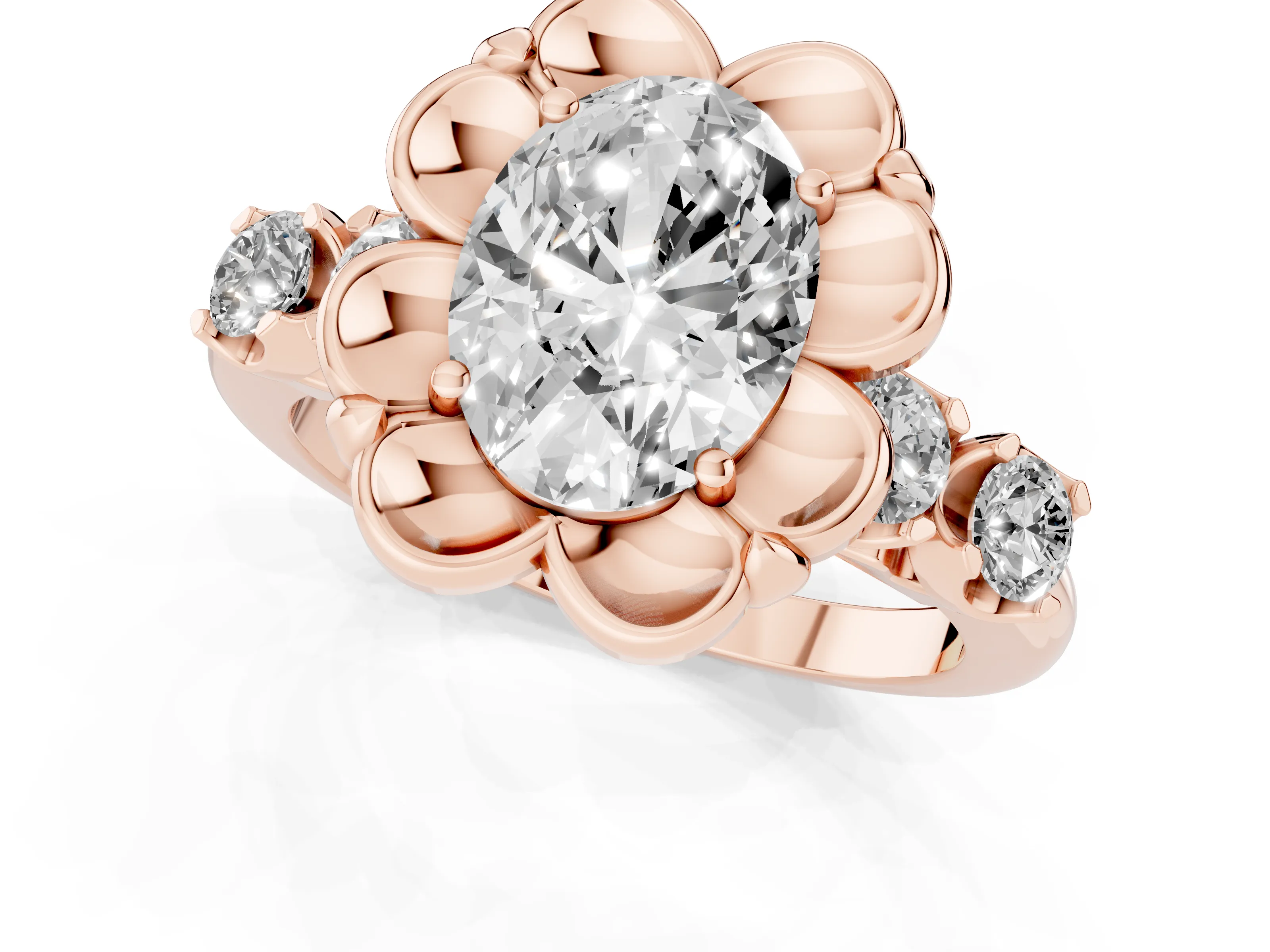 Oval Cut Diamond Floral Halo Ring Set in Rose gold with Shared Prong Band
