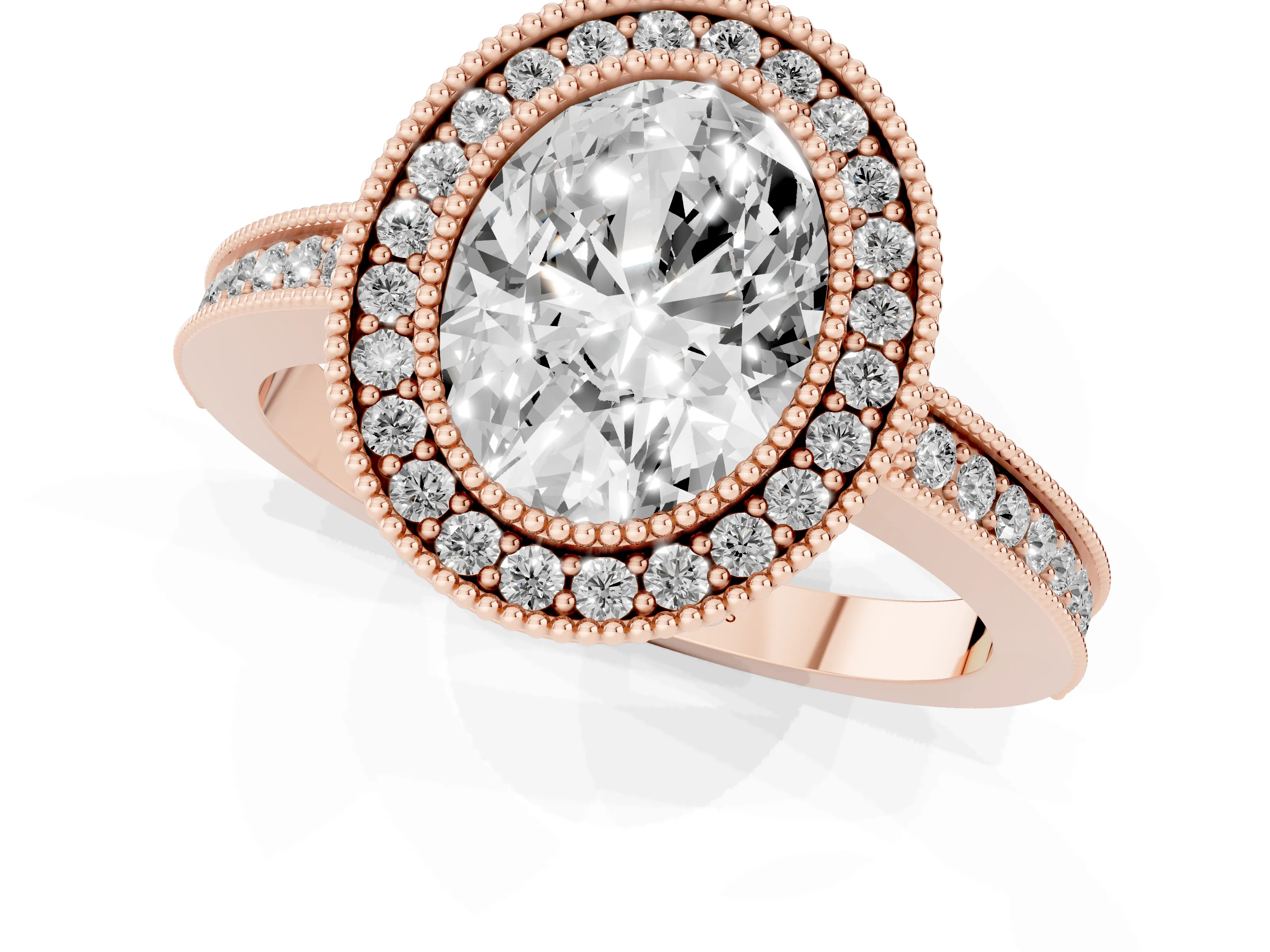 Oval Cut Diamond Halo Ring Set in Rose gold with Pavé Band and Milgrain-Edged Prongs