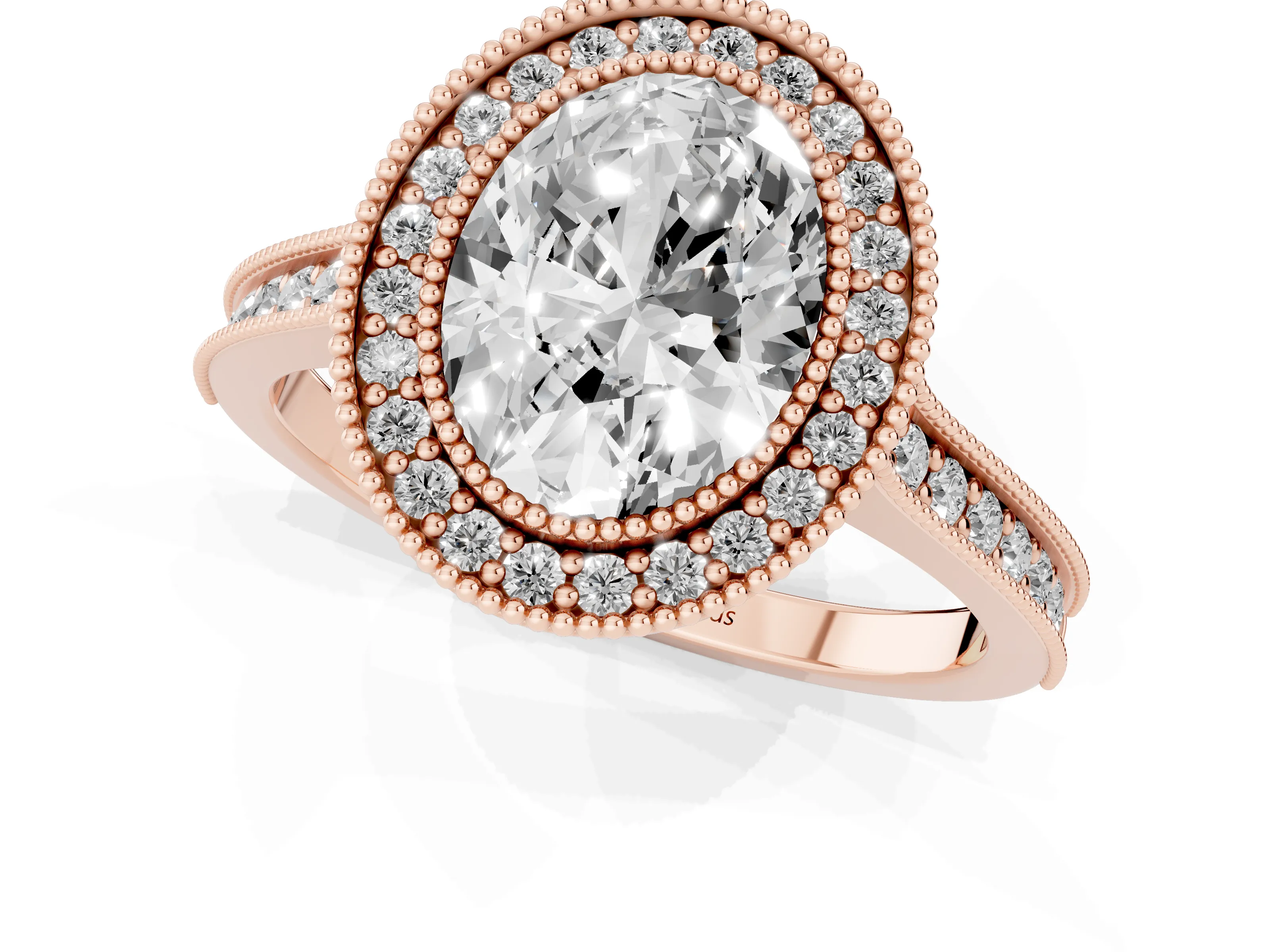 Oval Cut Diamond Halo Milgrain Pavé Band Ring Set in Rose gold with Prong Setting