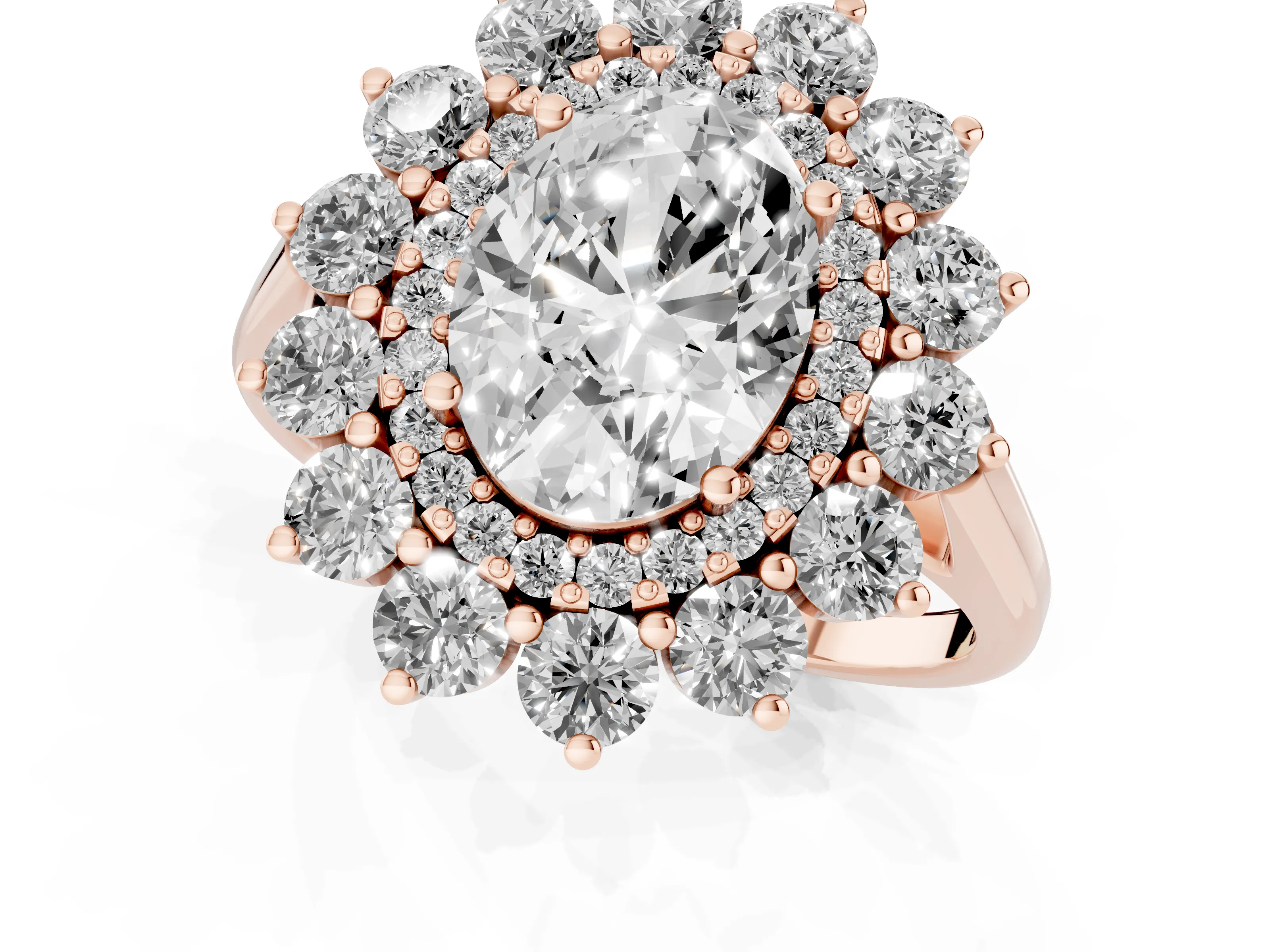Oval Cut Diamond Floral Double Halo Ring Set in Rose gold with Round Petals