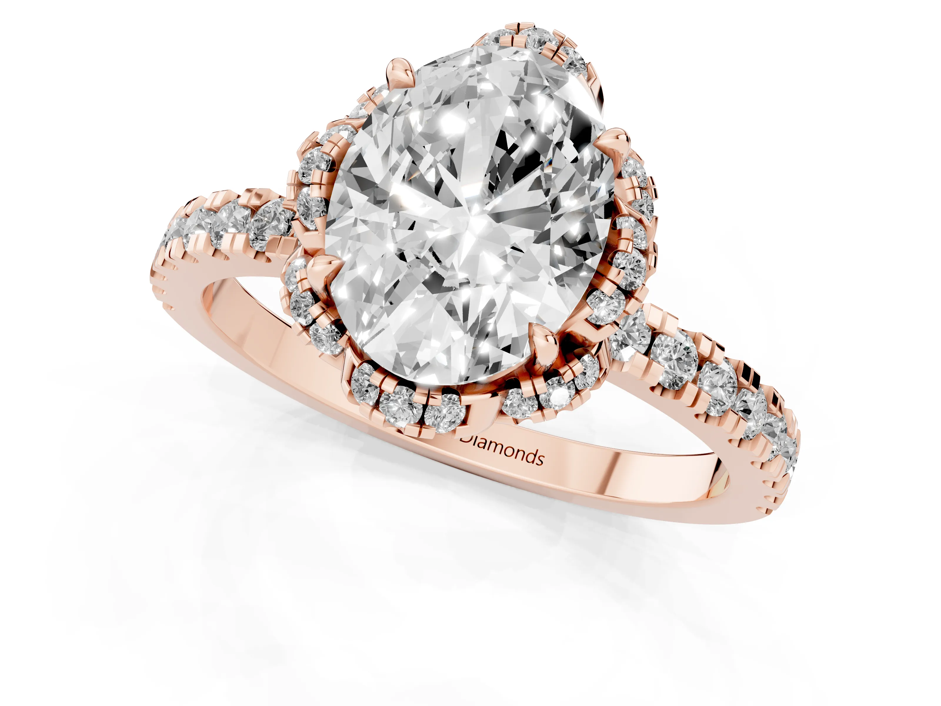 Oval Cut Diamond Halo Pavé Band Ring Set in Rose gold with Prong-Held Center
