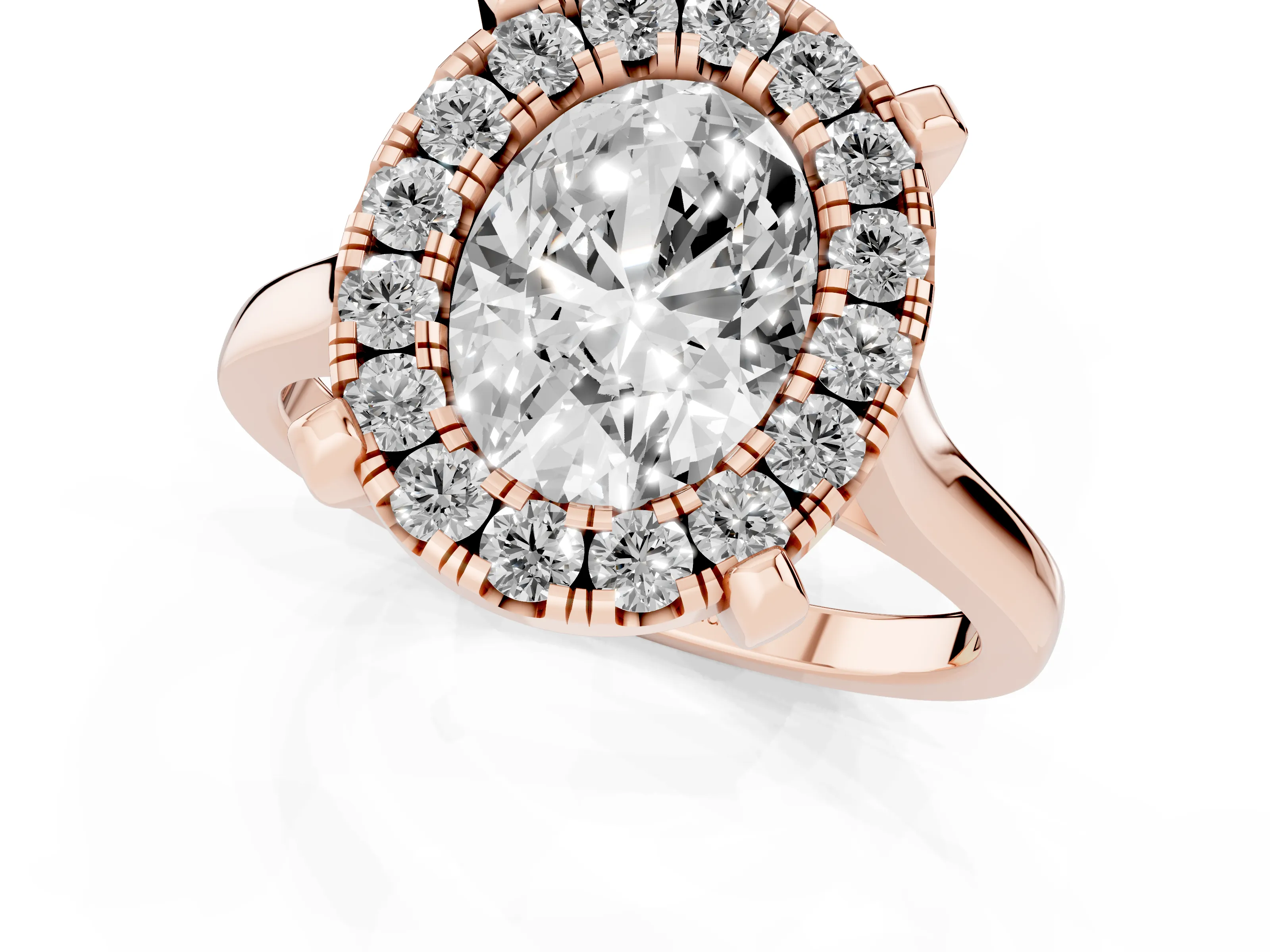 Oval Cut Diamond Cluster Halo Solitaire Ring Set in Rose gold with Prong Setting