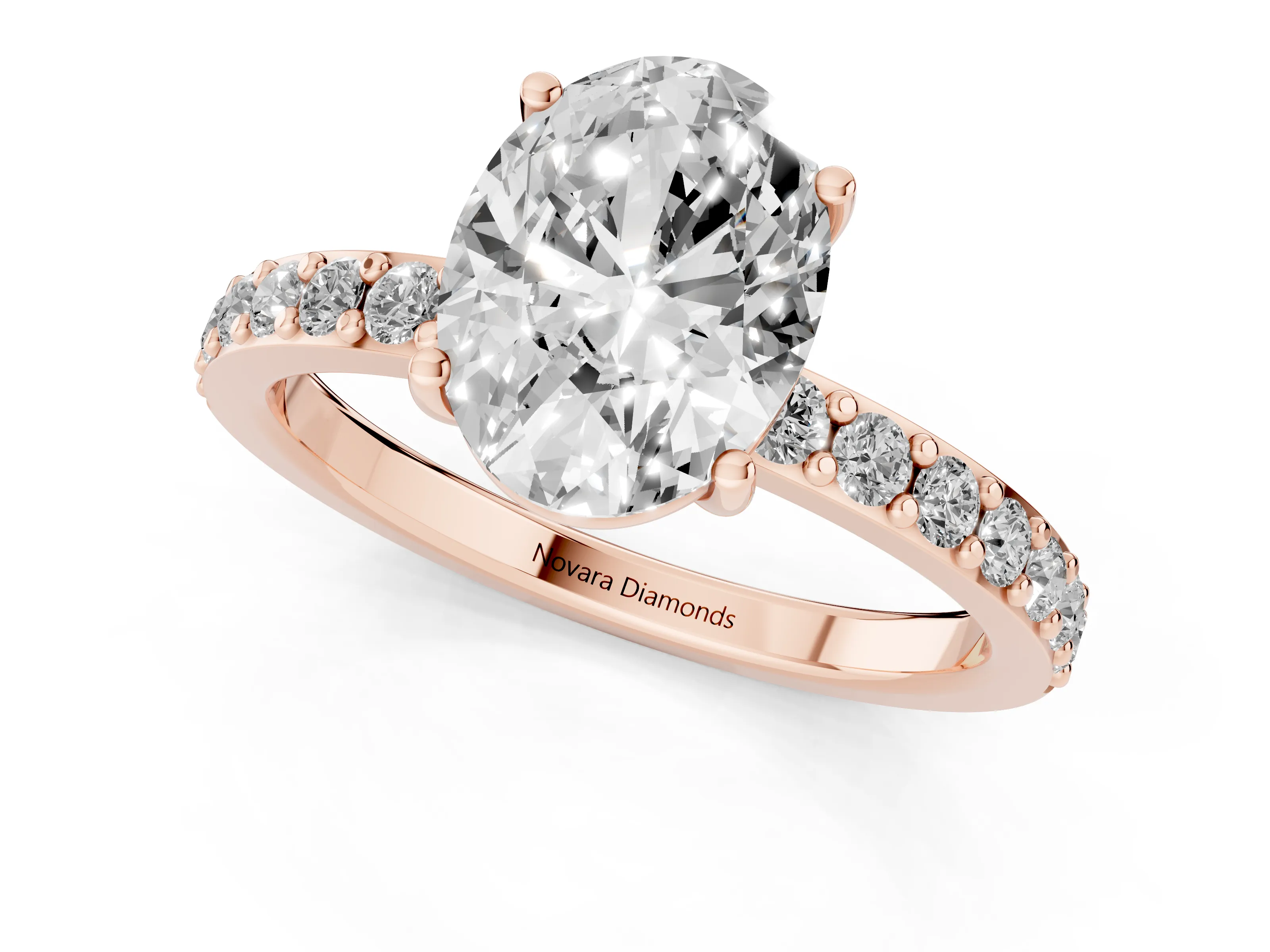 Oval Cut Diamond Solitaire Set in Rose gold with Round Pavé Band and Prong Setting