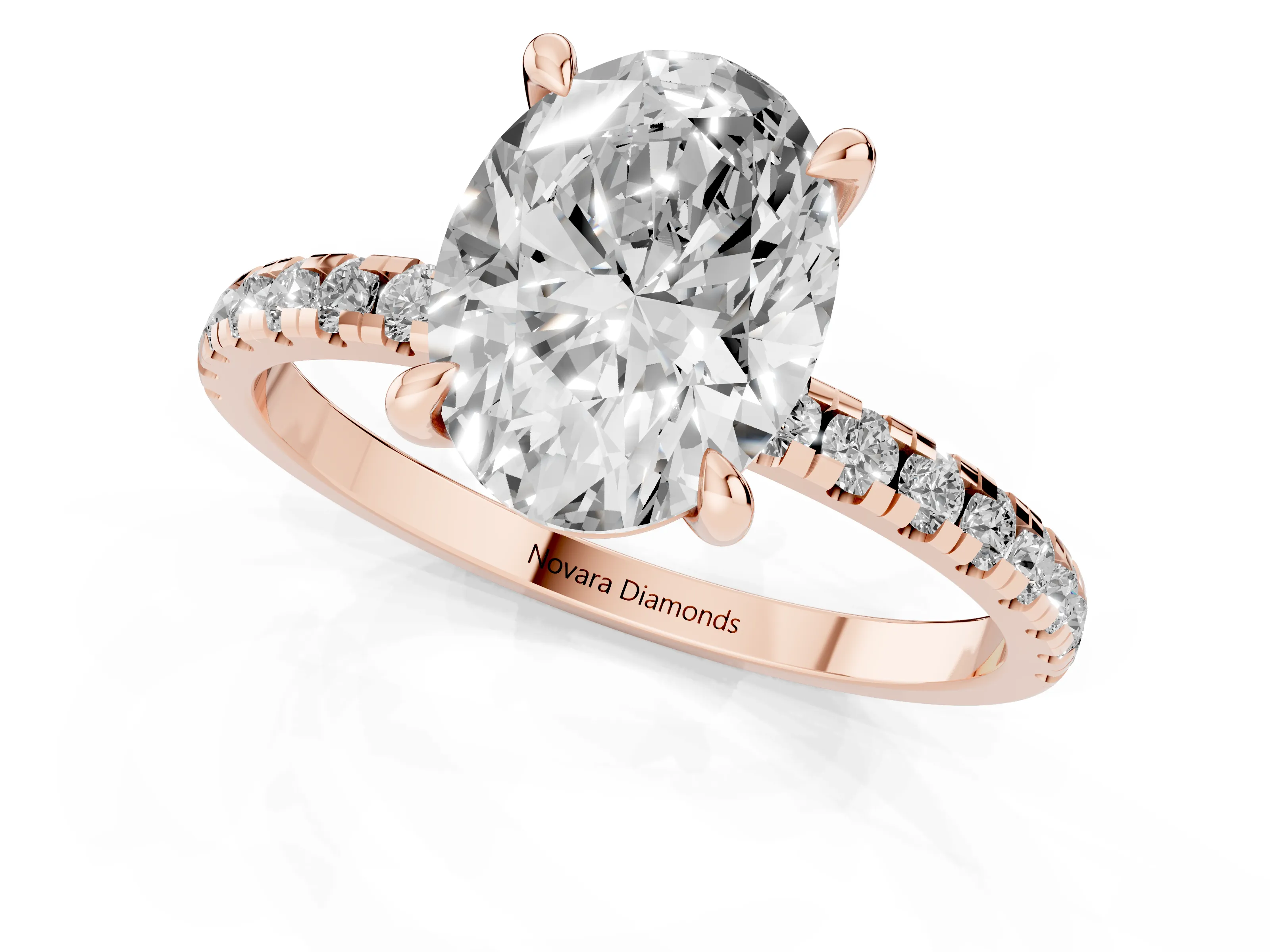 Oval Cut Diamond Brilliant Solitaire Ring Set in Rose gold with Pavé Band and Prong Setting