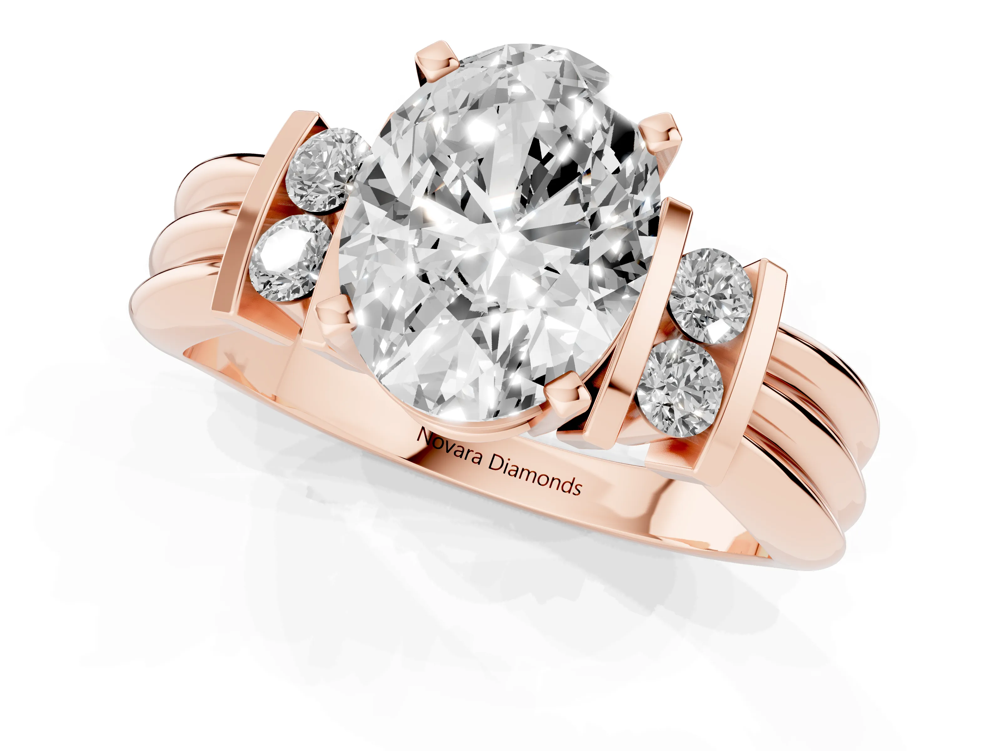 Three-Stone Oval Cut Diamond Channel Set Ring Set in Rose gold with Bar Prongs