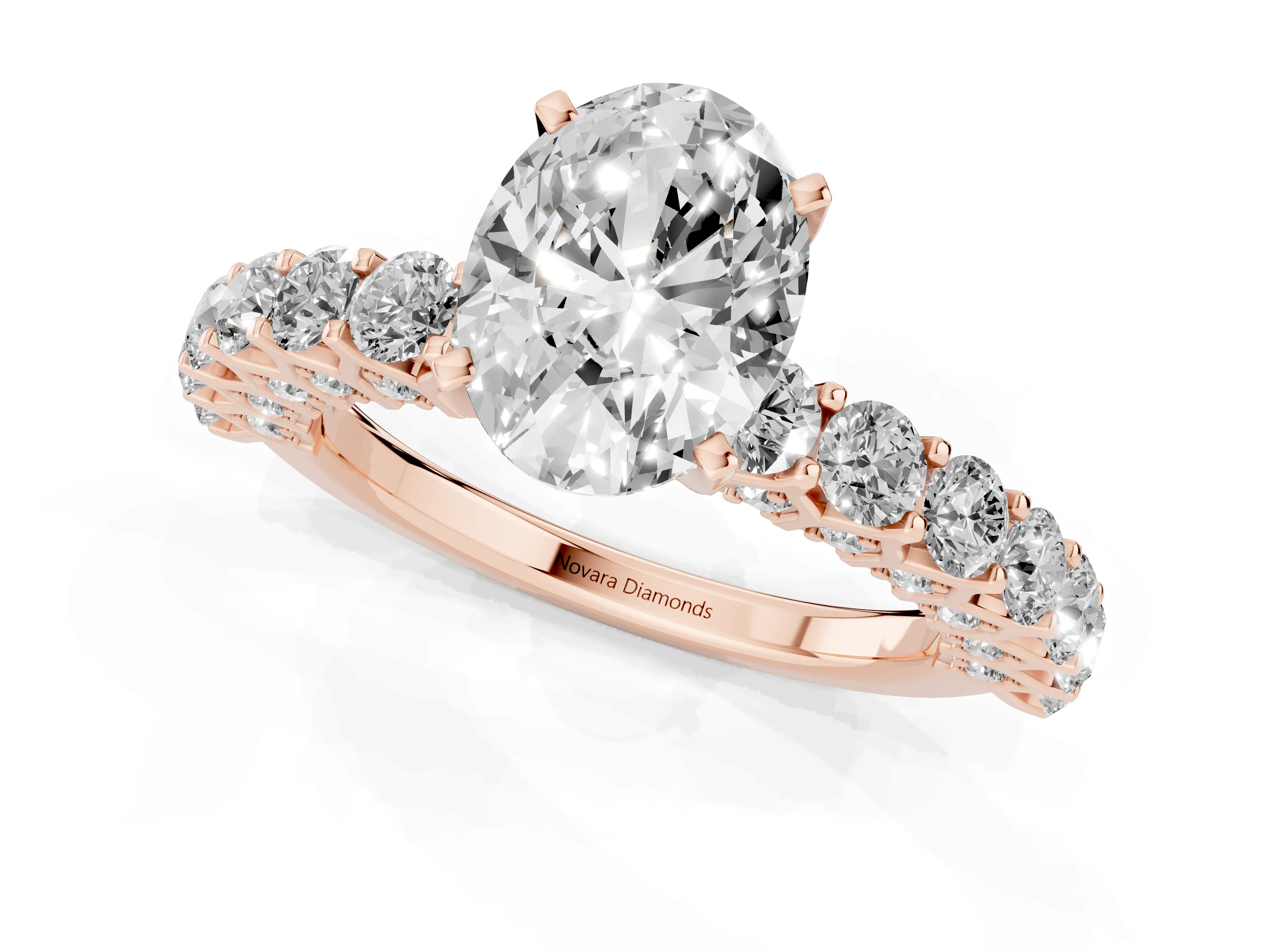 Oval Cut Diamond Solitaire Ring Set in Rose gold with Shared Prong Pavé Band