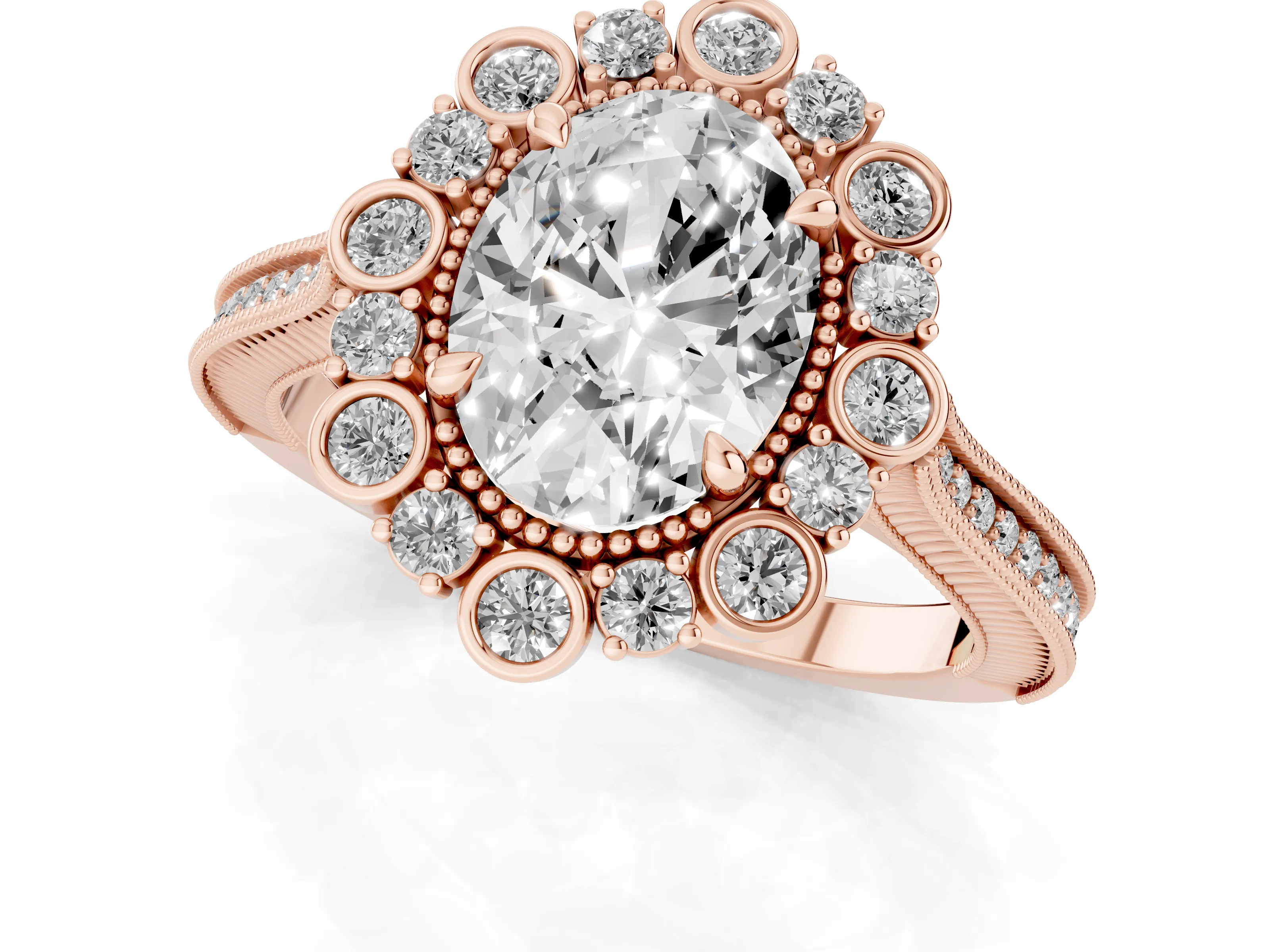 Oval Cut Diamond Halo Milgrain Pavé Ring Set in Rose gold with Prong Setting