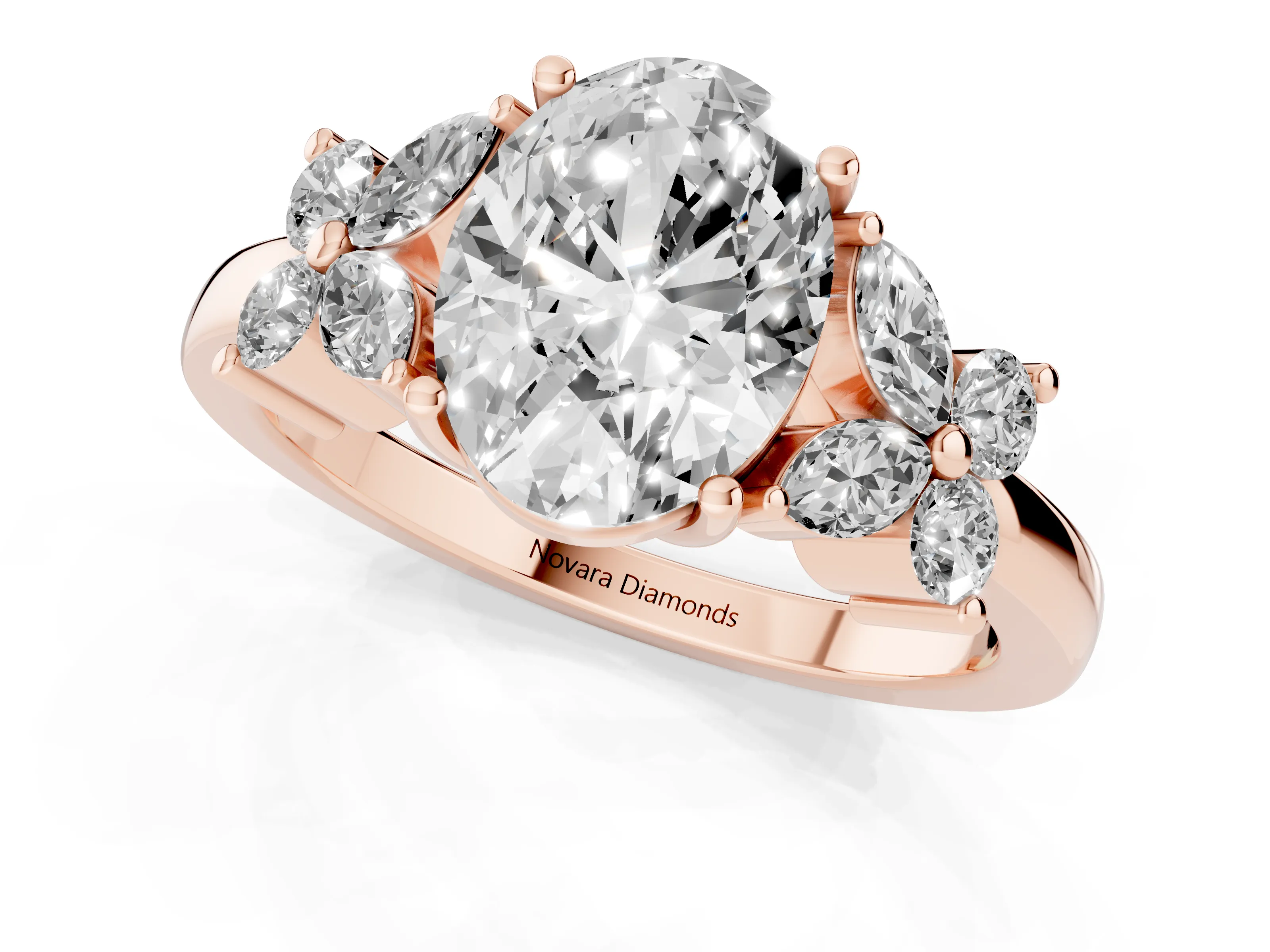 Oval Cut Diamond Floral Cluster Ring Set in Rose gold with Marquise Petals and Prong Setting