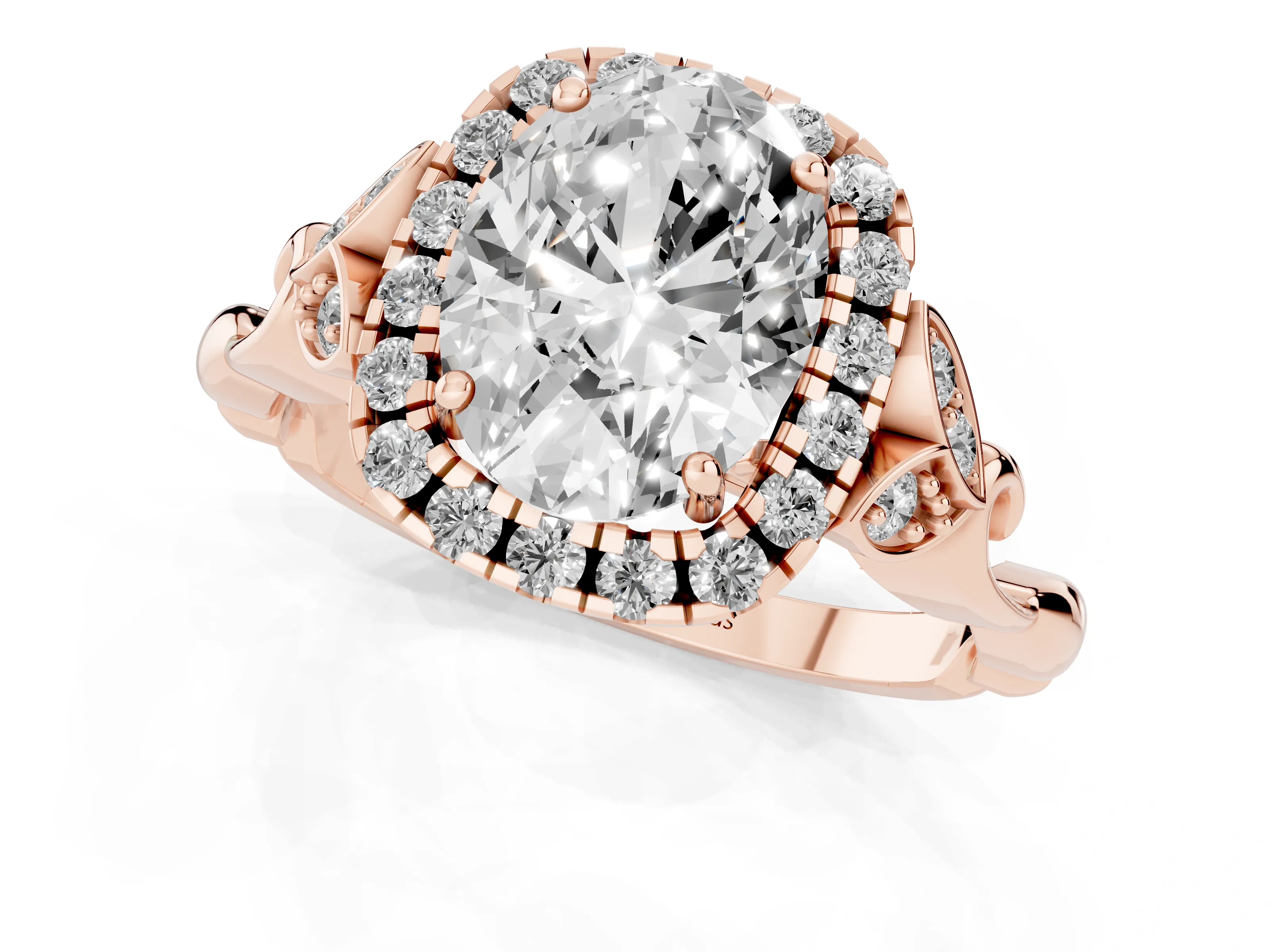 Oval Cut Diamond Halo Engagement Ring Set in Rose gold with Vintage-Inspired Band and Prong Setting