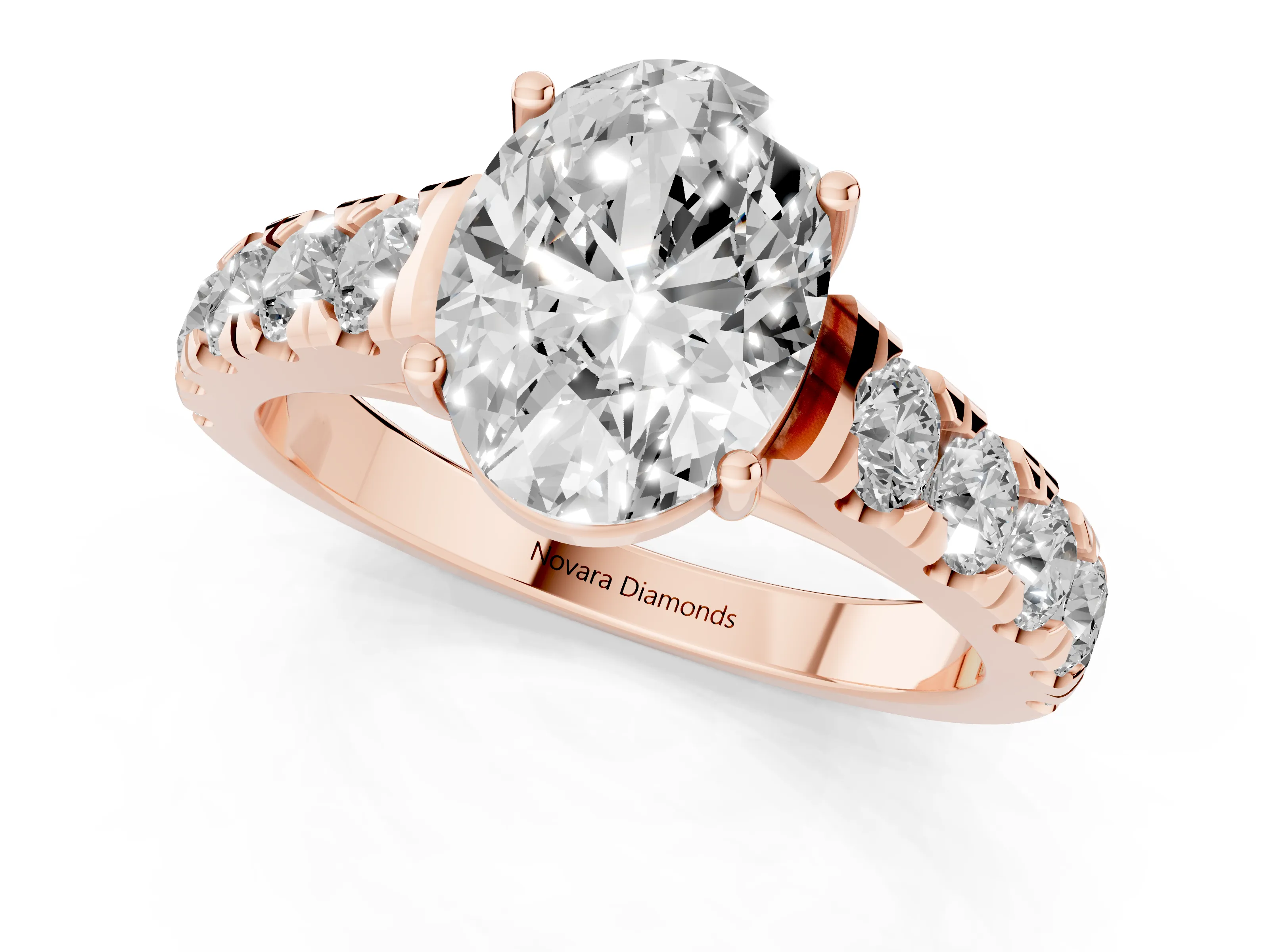 Oval Cut Diamond Solitaire Ring Set in Rose gold with Cut-Down Micro Pavé Band and Prong Setting