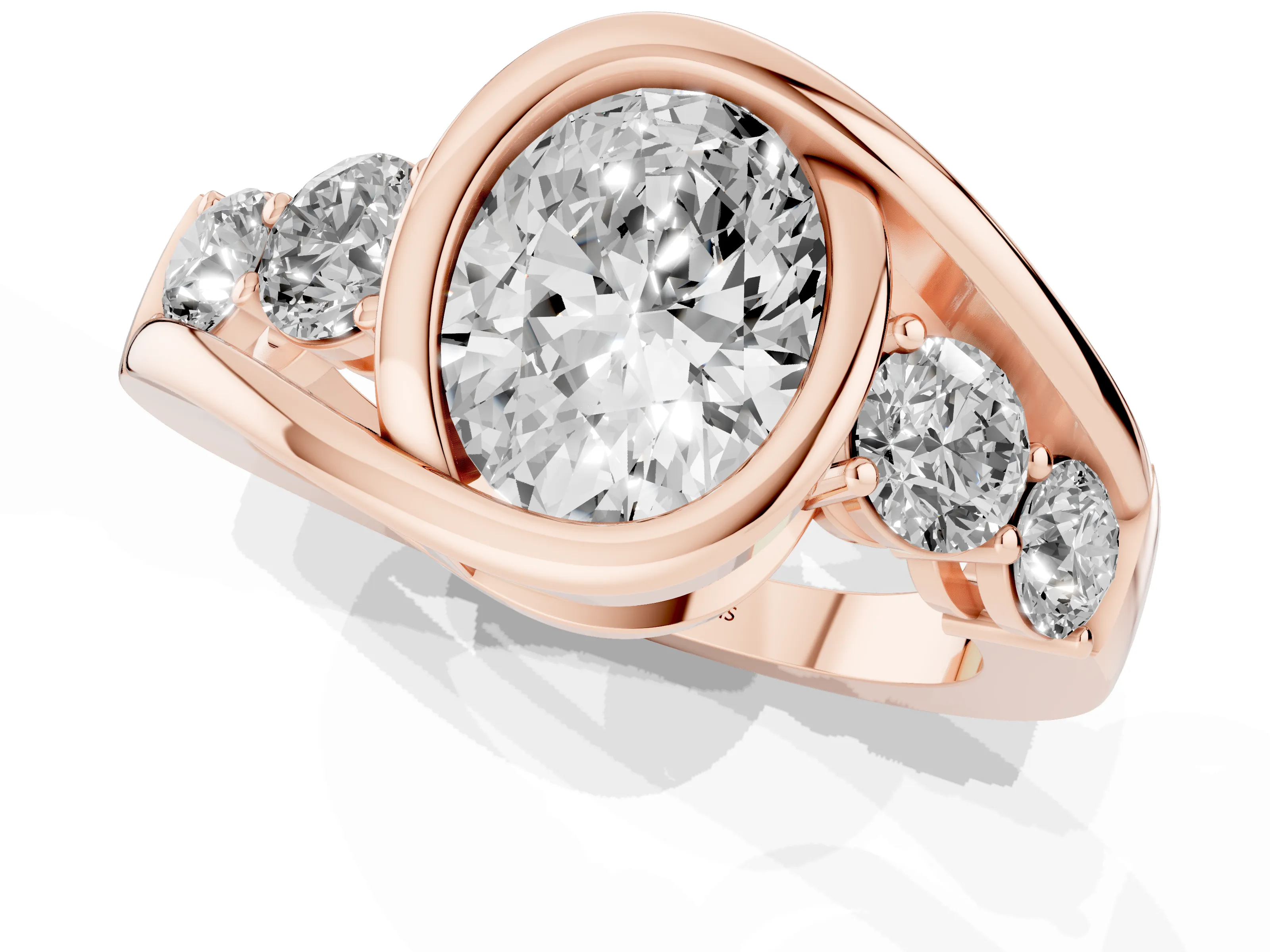 Oval Cut Diamond Bezel Bypass Ring Set in Rose gold with Round Accents