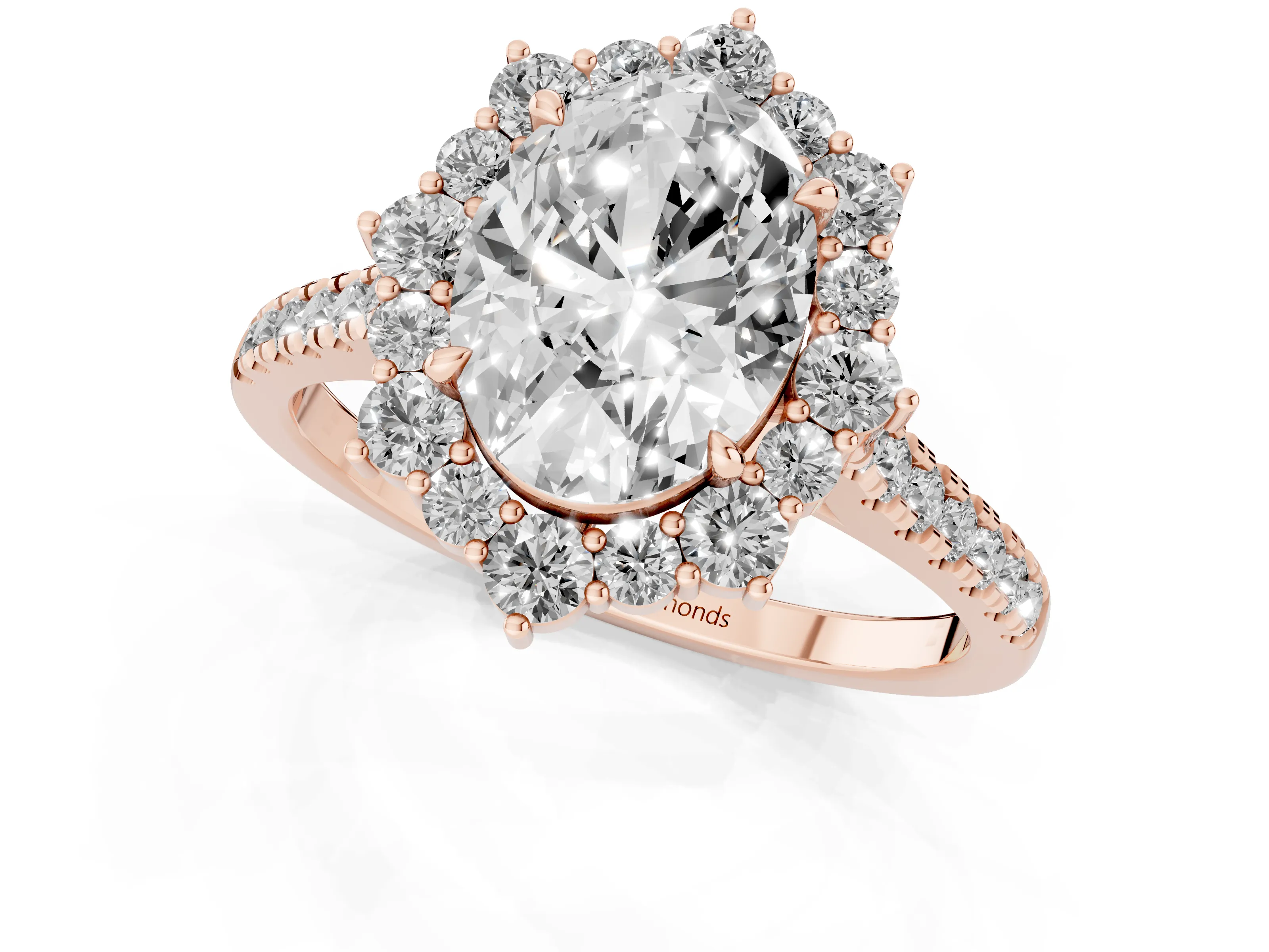 Oval Cut Diamond Halo Ring Set in Rose gold with Pavé Band and Prong Setting