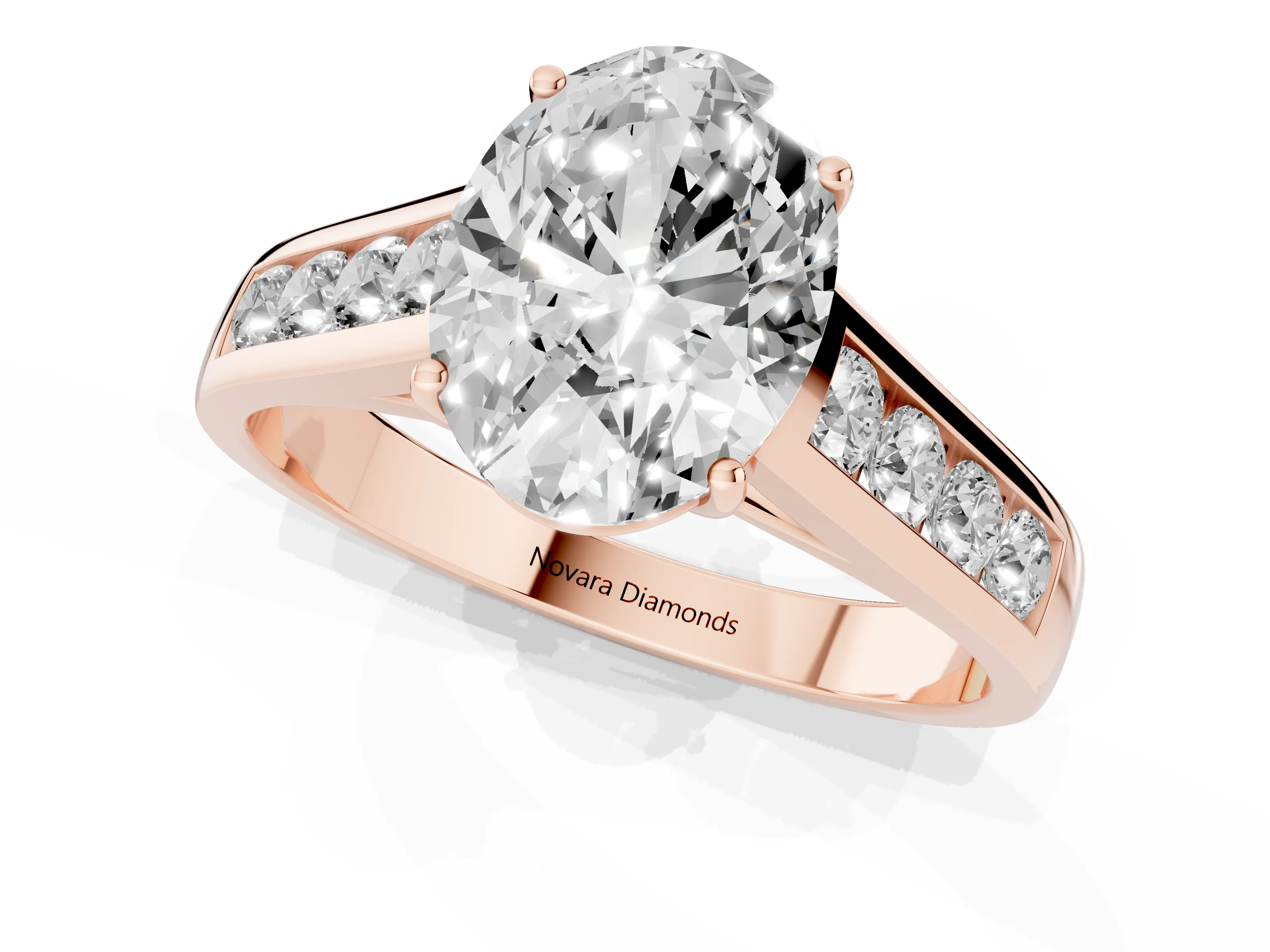 Oval Cut Diamond Solitaire Channel-Set Engagement Ring Set in Rose gold with Prong Setting