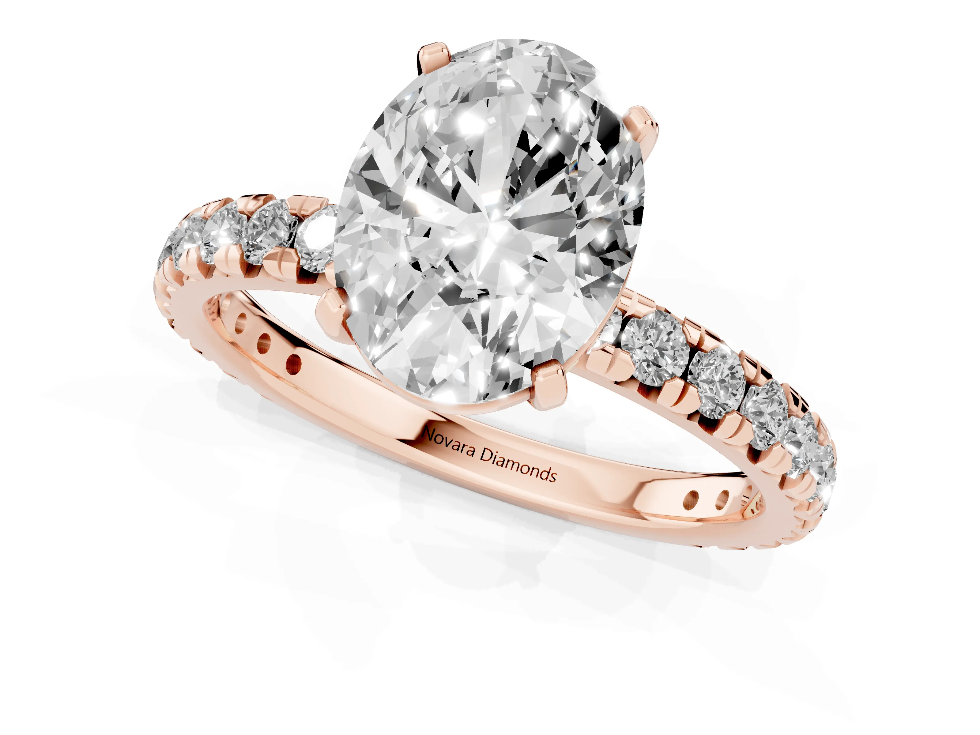 Oval Cut Diamond Pavé Solitaire Ring Set in Rose gold with Round Band and Prong Setting