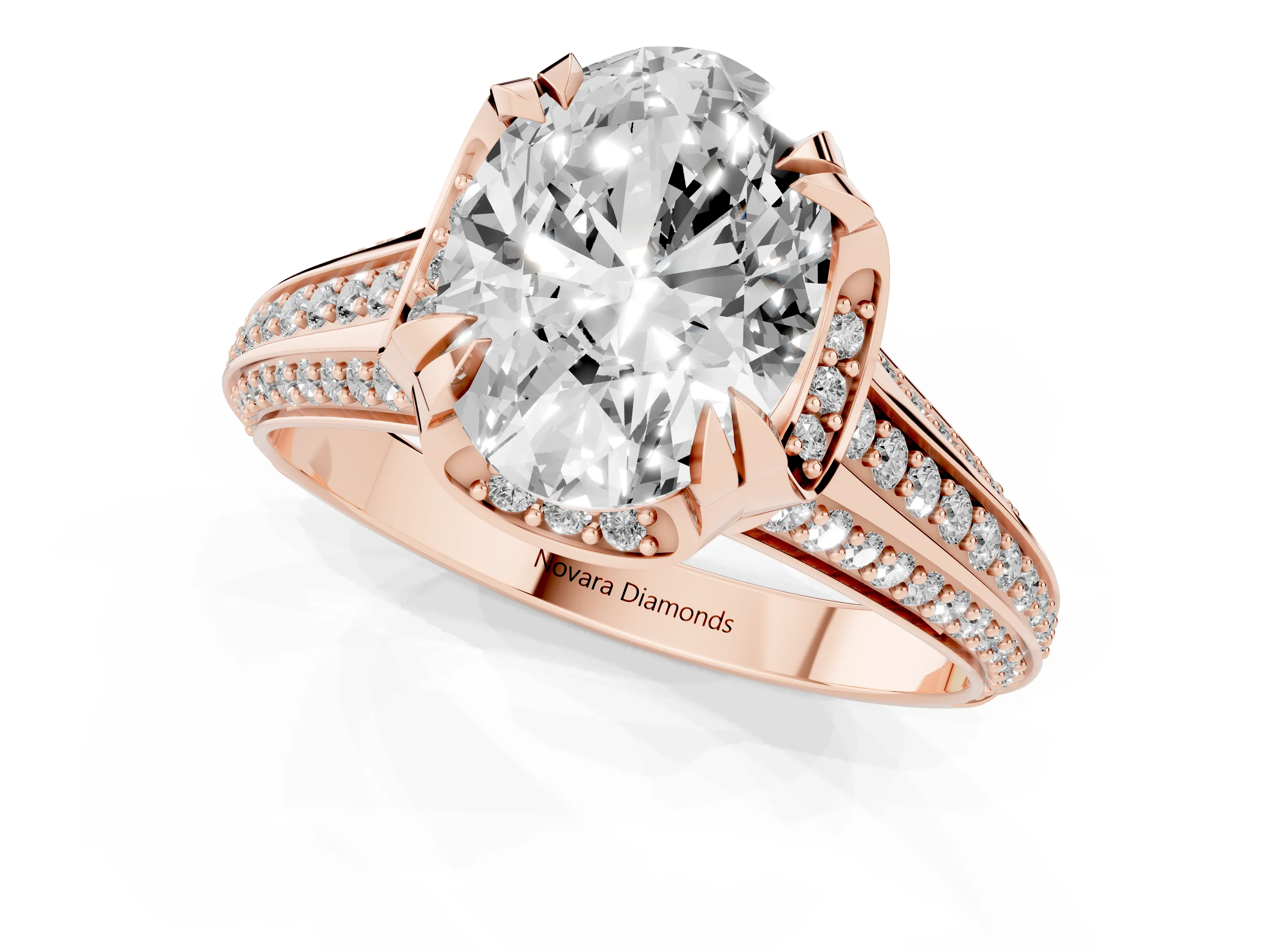 Oval Cut Diamond Pavé Split Shank Solitaire Ring Set in Rose gold with Prong Setting