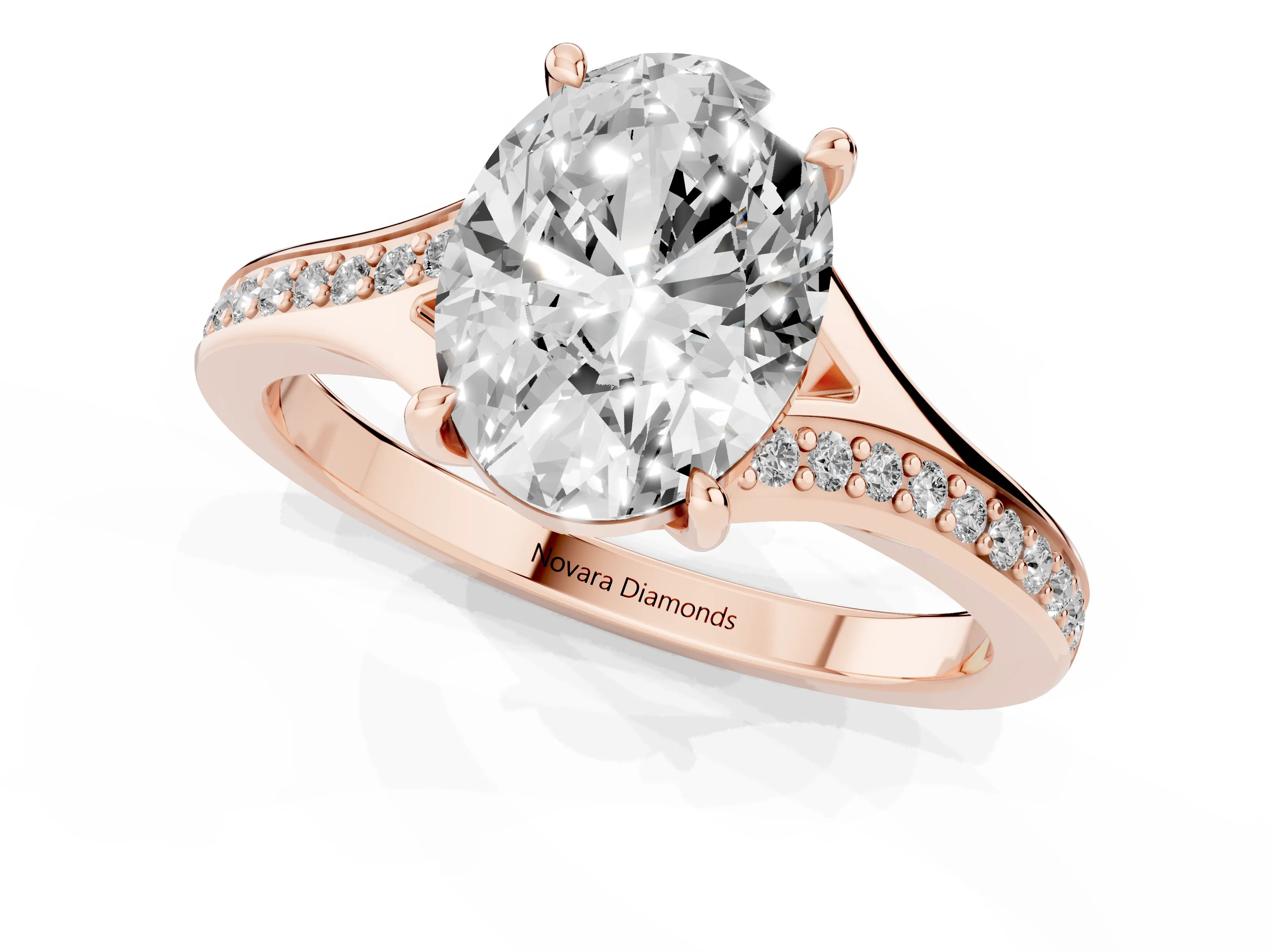 Oval Cut Diamond Solitaire Ring Set in Rose gold with Pavé Accent Band and Classic Prong Setting