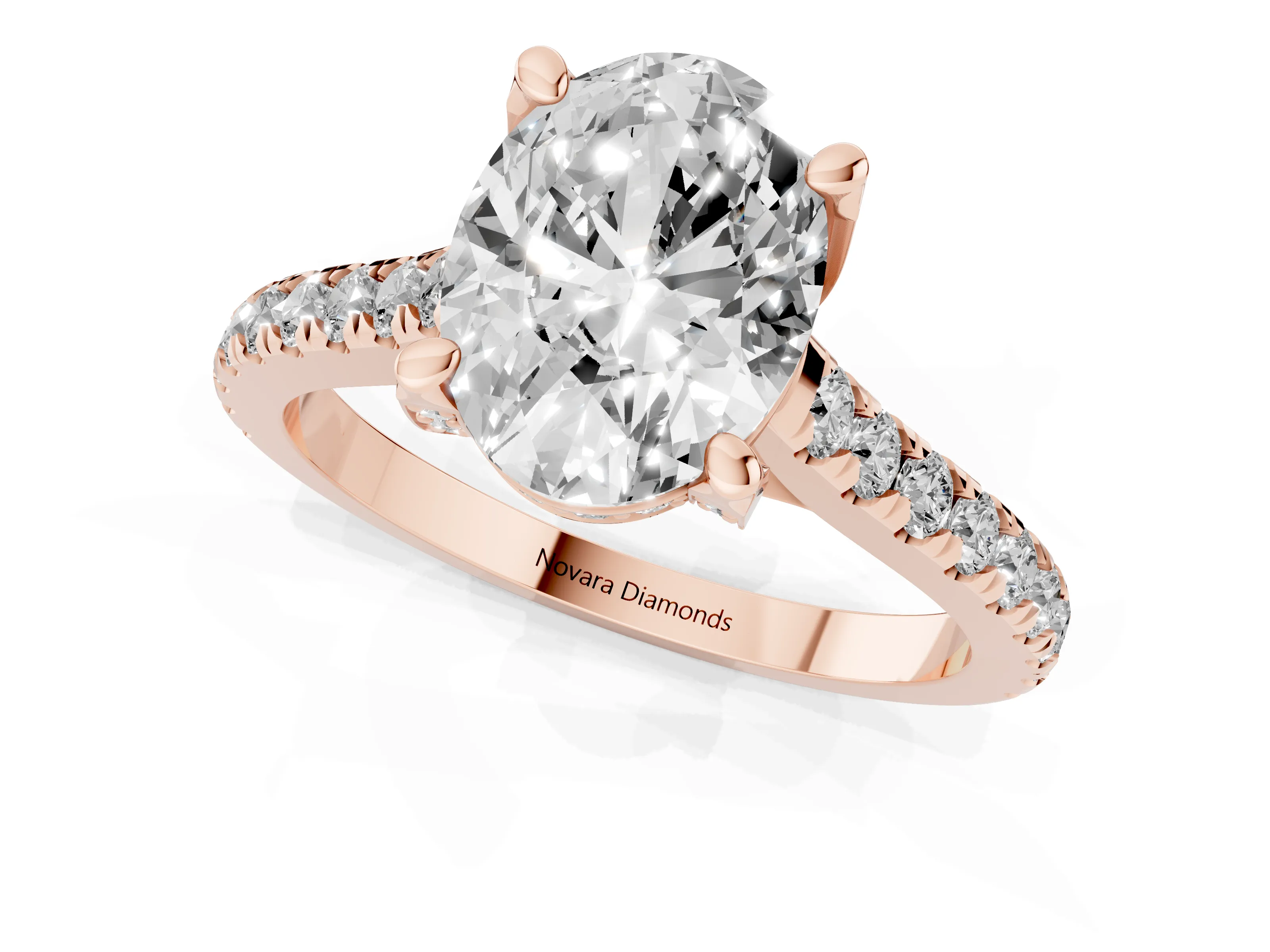 Oval Cut Diamond Solitaire Ring Set in Rose gold with Brilliant Pavé Band and Prong Setting