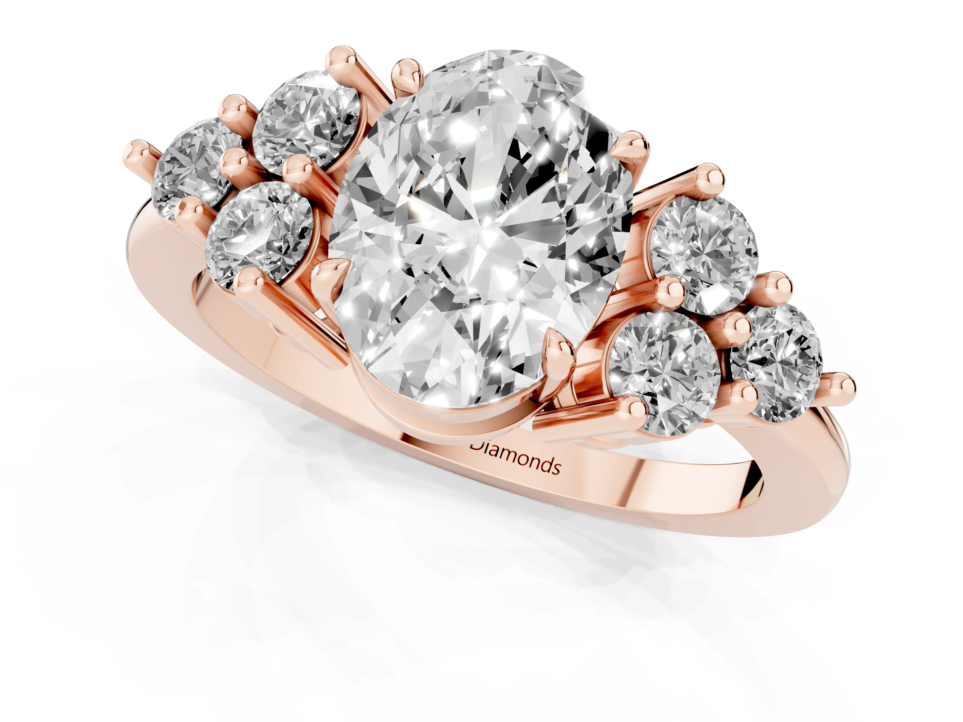 Oval Cut Diamond Solitaire Ring Set in Rose gold with Cluster Accents on Each Side