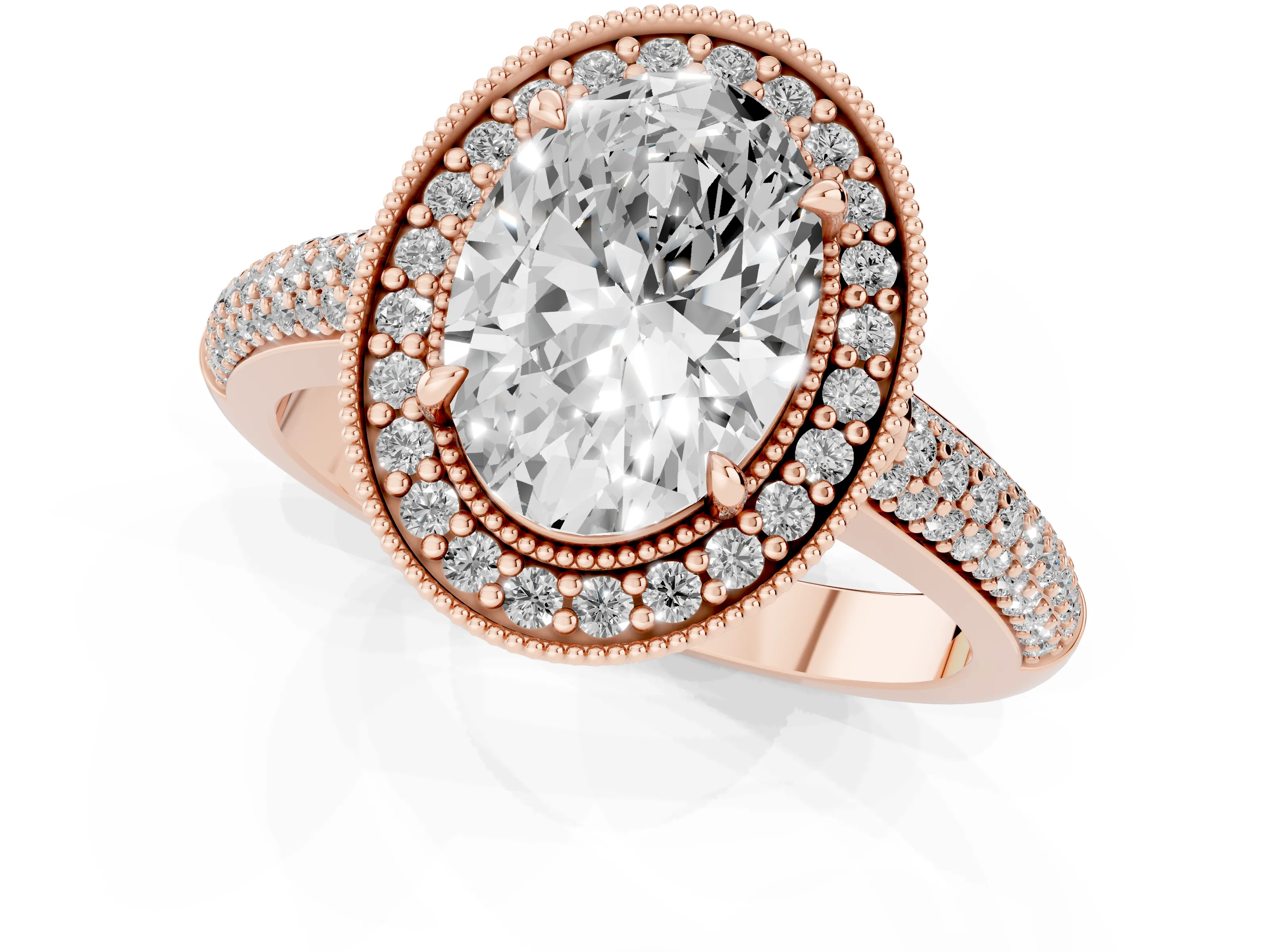 Oval Cut Diamond Halo Pavé Band Set in Rose gold with Prong Setting