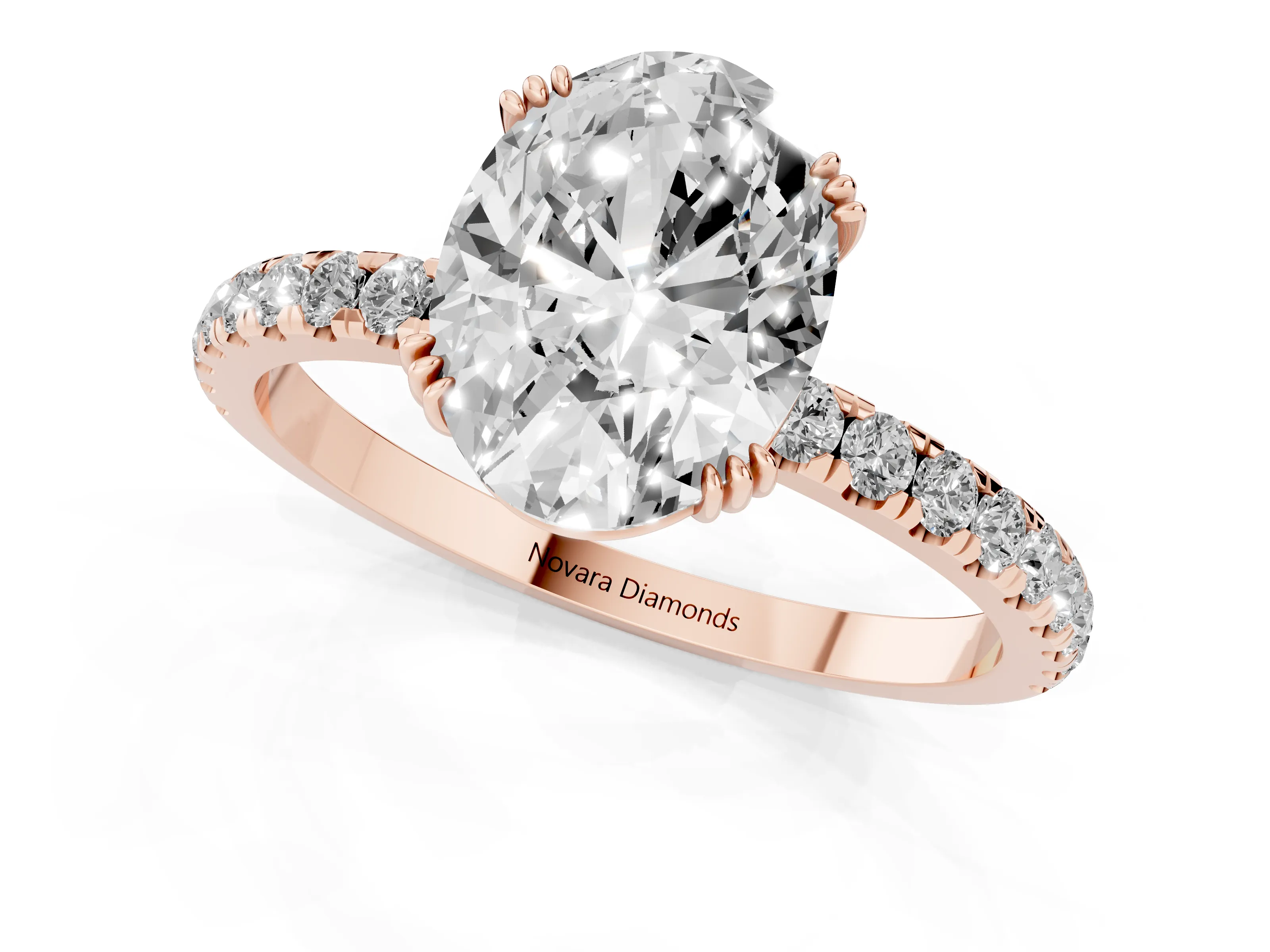 Oval Cut Diamond Brilliant Solitaire Set in Rose gold with Pavé Band and Claw Prong Setting