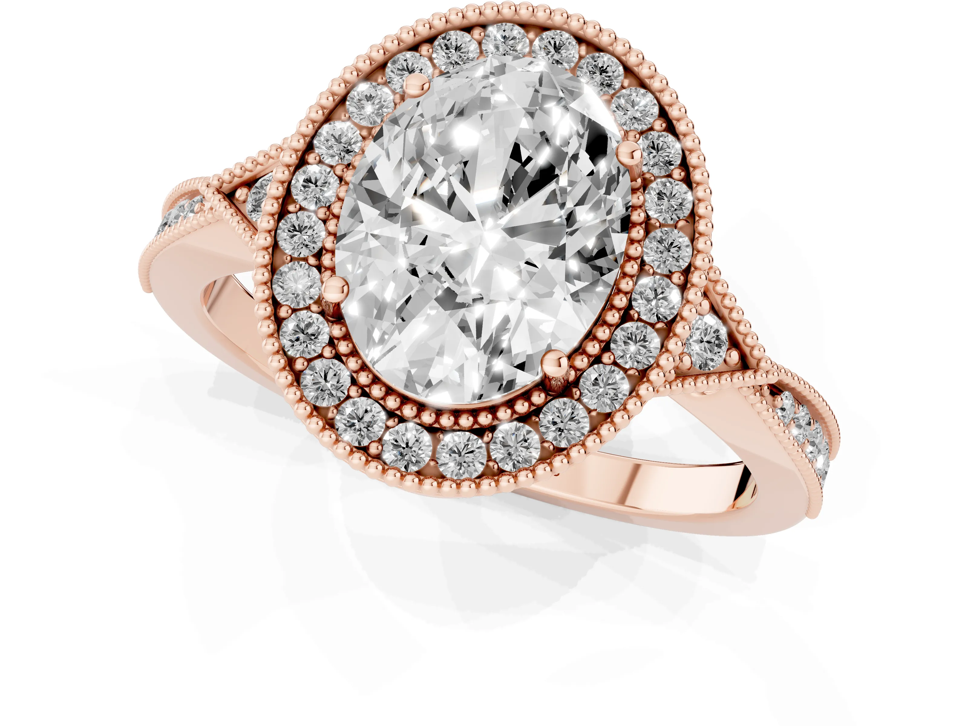 Oval Cut Diamond Halo Engagement Ring Set in Rose gold with Milgrain Pavé Band