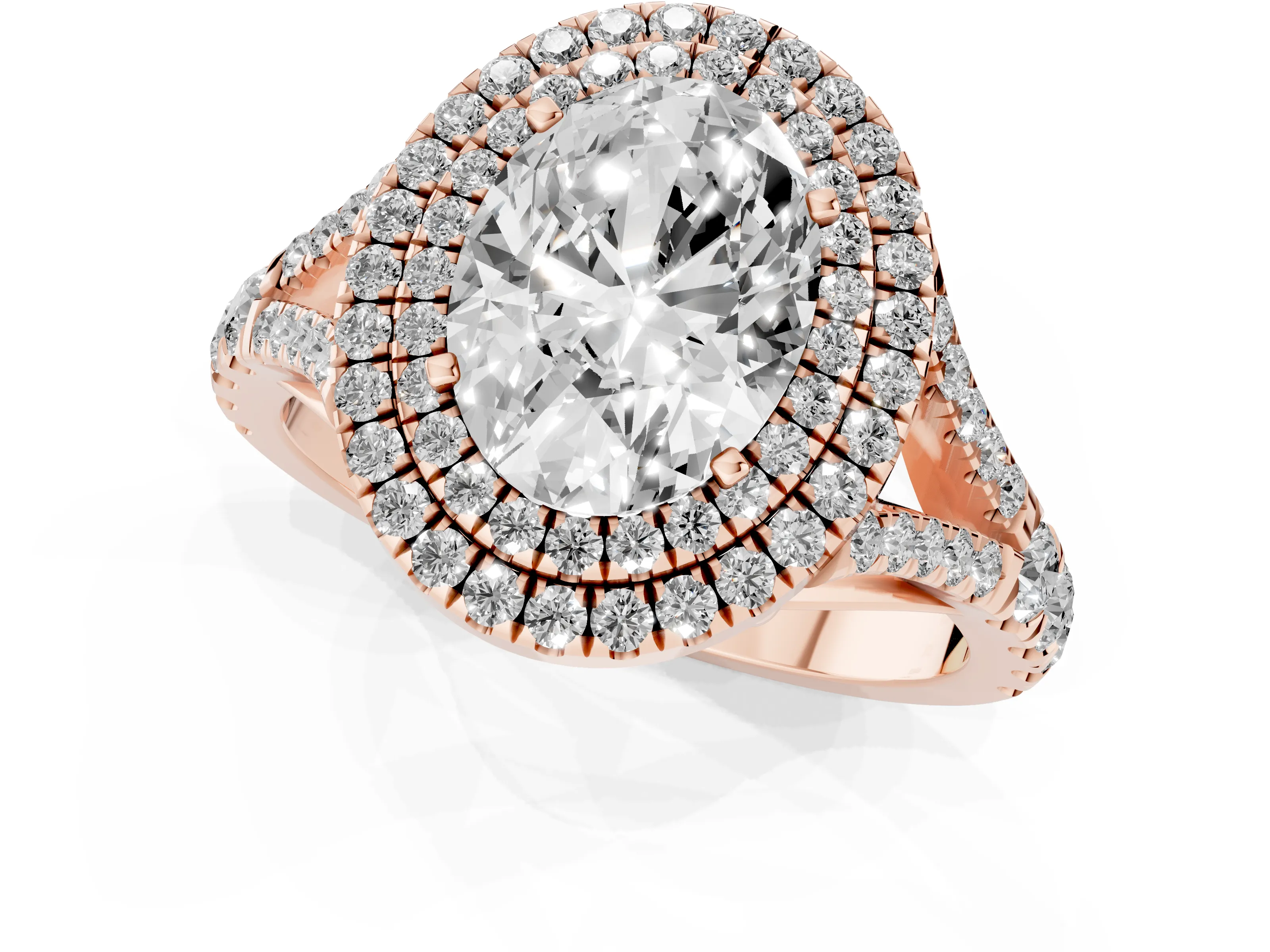 Oval Cut Diamond Pavé Split Shank Double Halo Engagement Ring Set in Rose gold