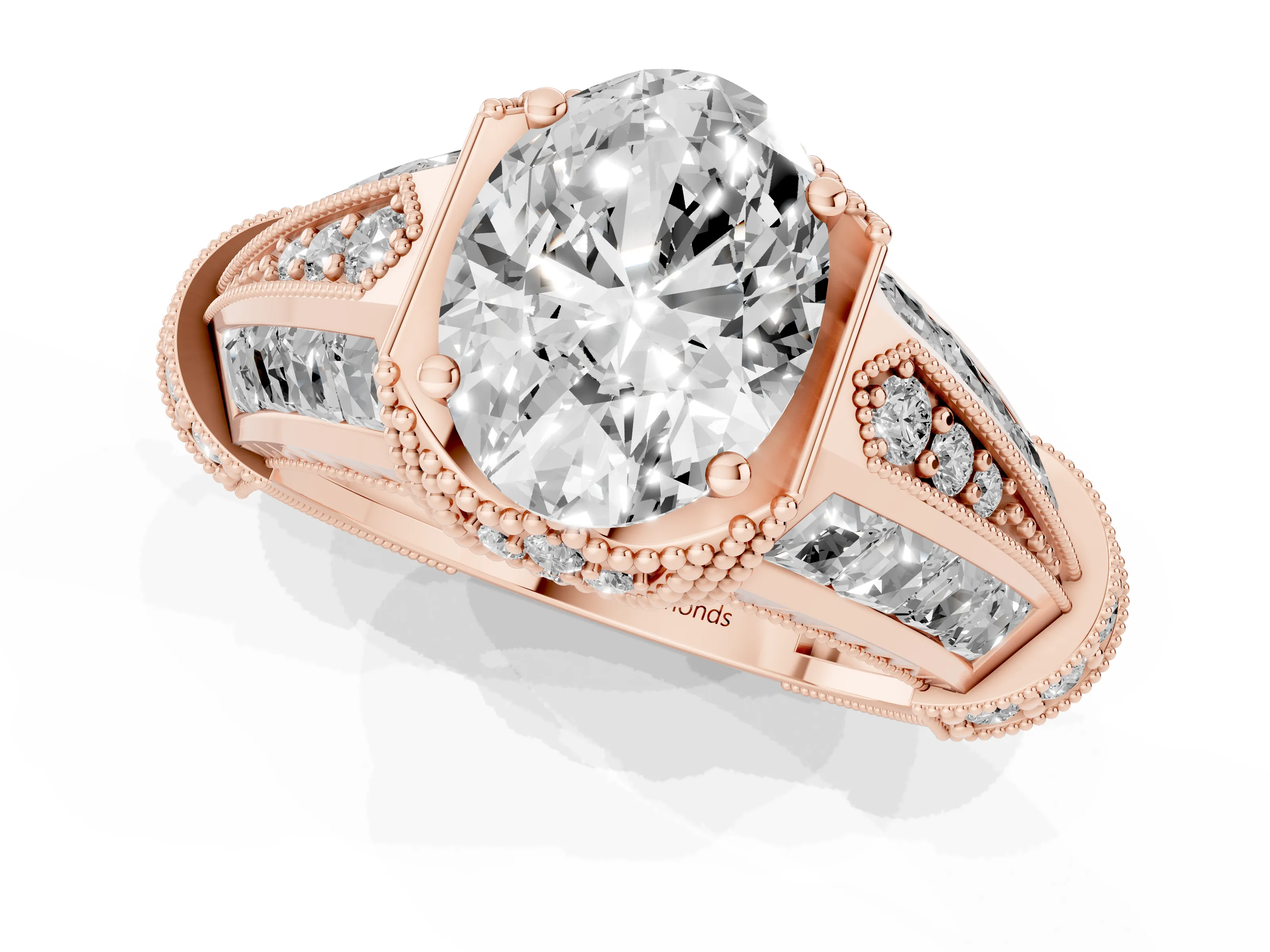 Oval Cut Diamond Vintage-Inspired Milgrain Ring Set in Rose gold with Accent Split Shank
