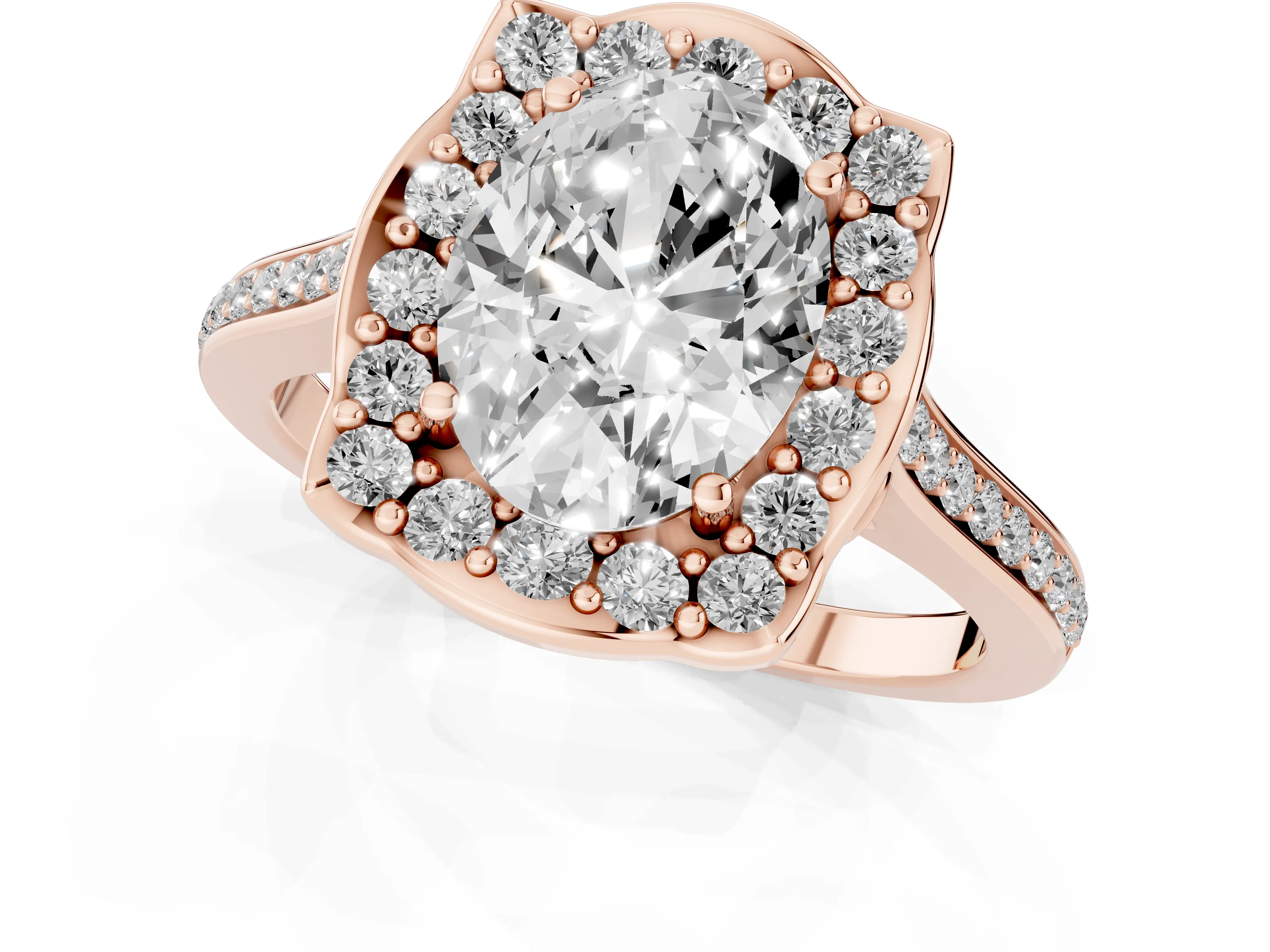 Oval Cut Diamond Halo Ring Set in Rose gold with Pavé-Lined Shoulders and Prong Setting