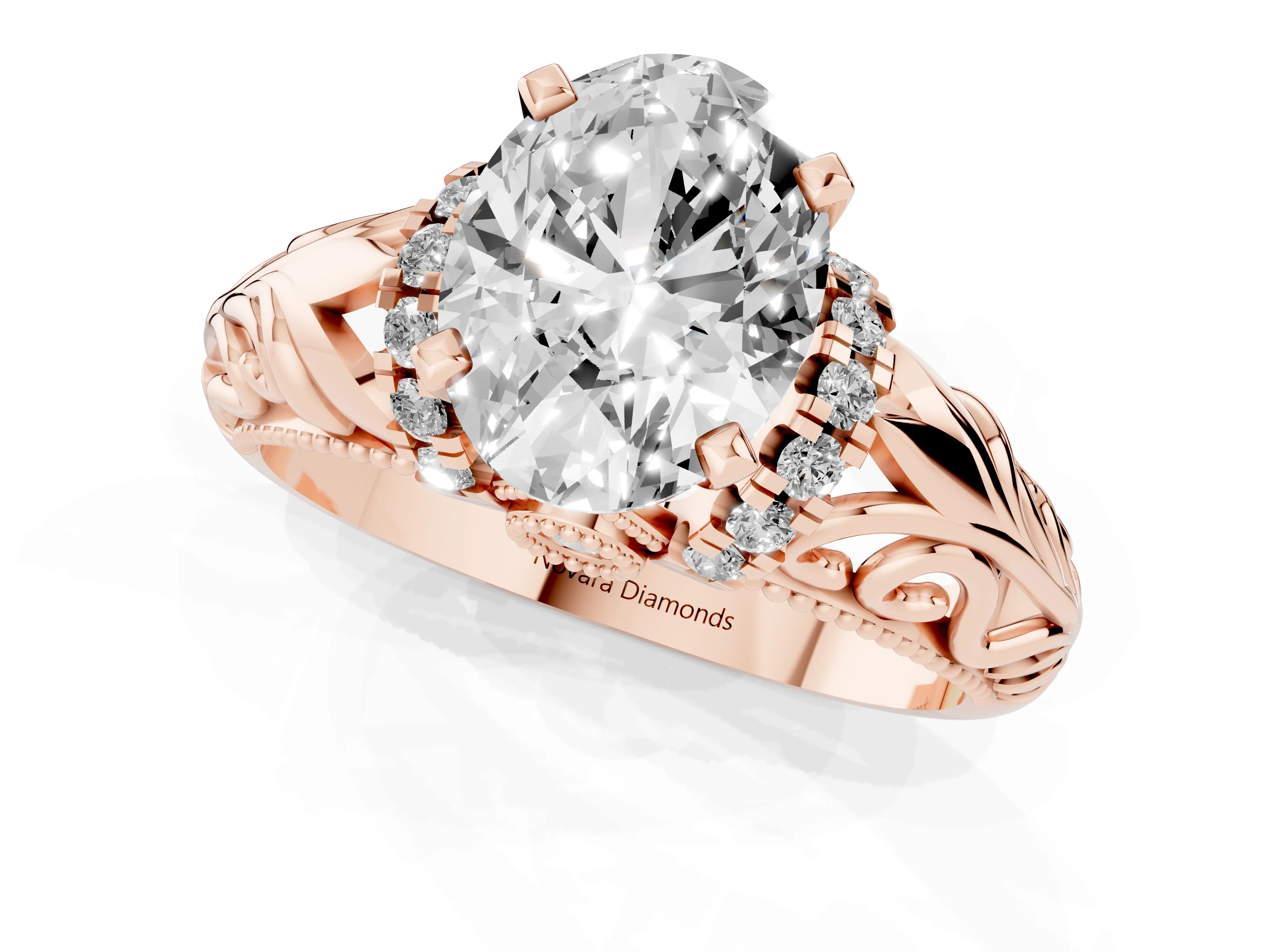 Oval Cut Diamond Filigree Halo Engagement Ring Set in Rose gold with Prong Setting