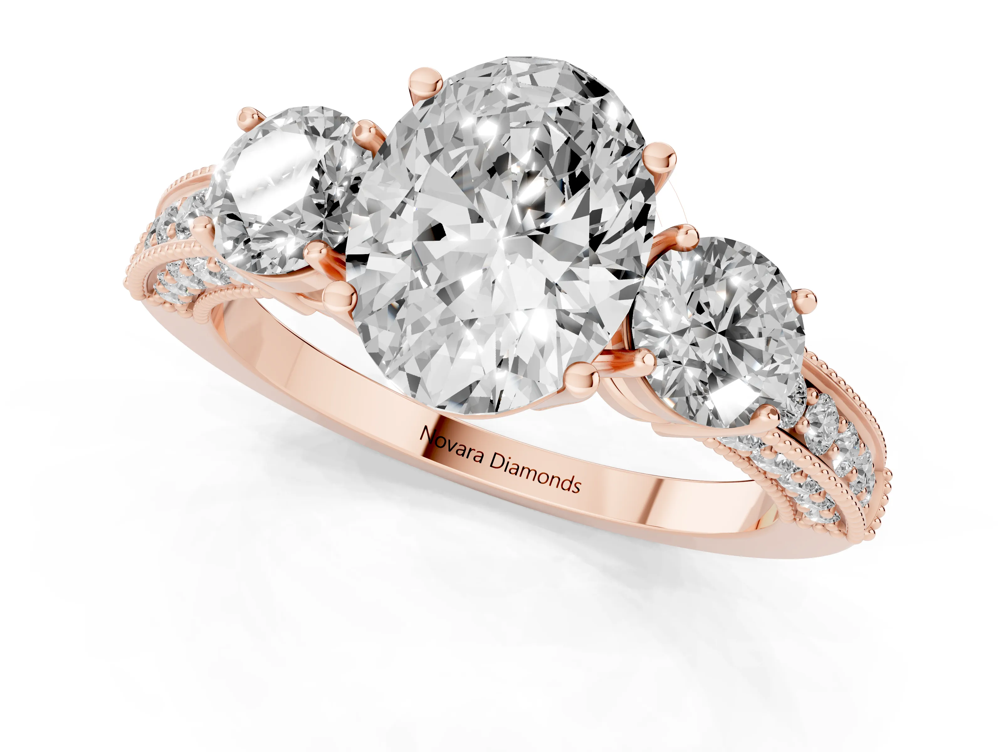 Oval Cut Diamond Three-Stone Ring Set in Rose gold with Round Side Stones and Pavé Band