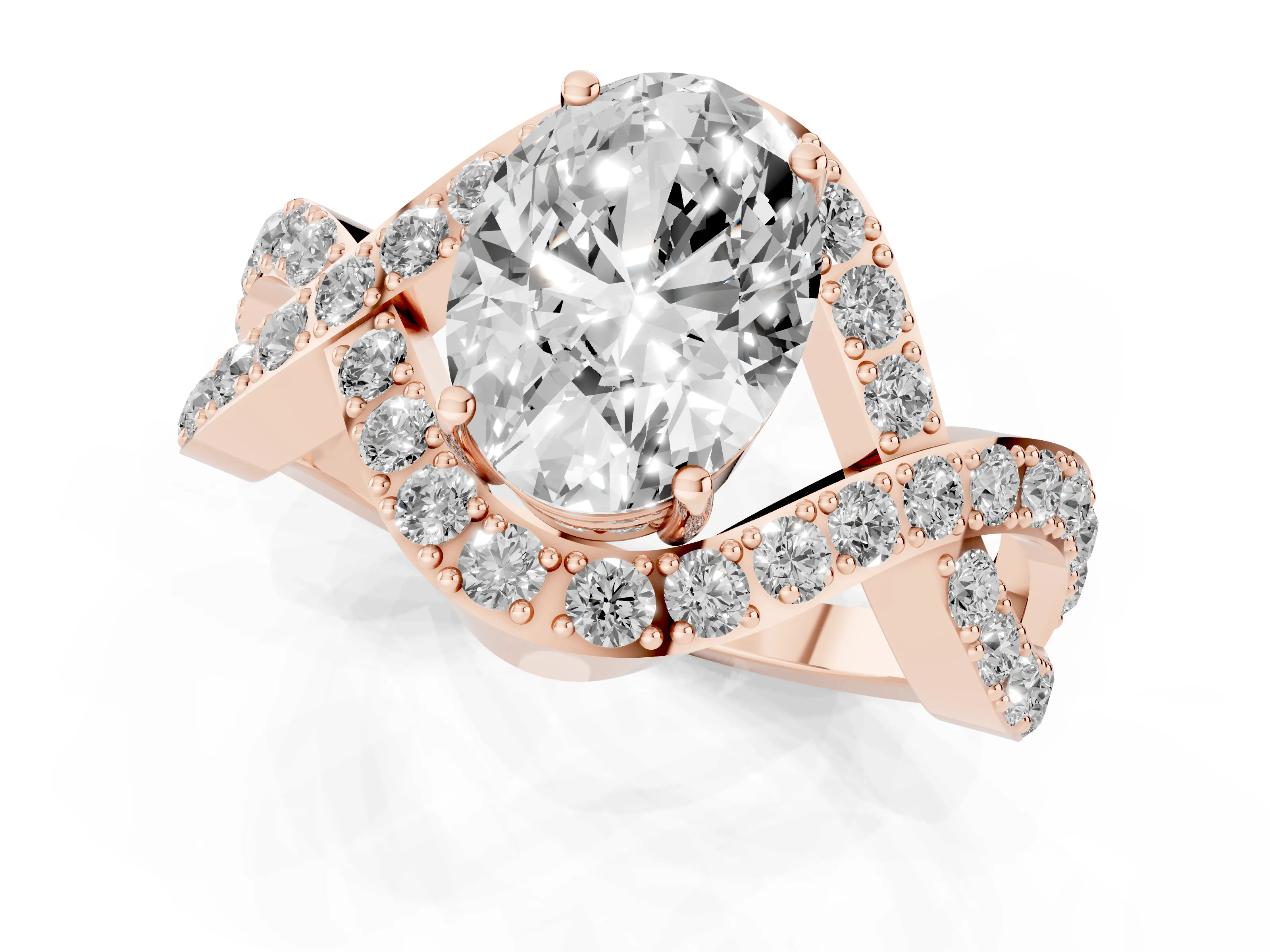 Oval Cut Diamond Solitaire Twist Band Pavé Engagement Ring Set in Rose gold