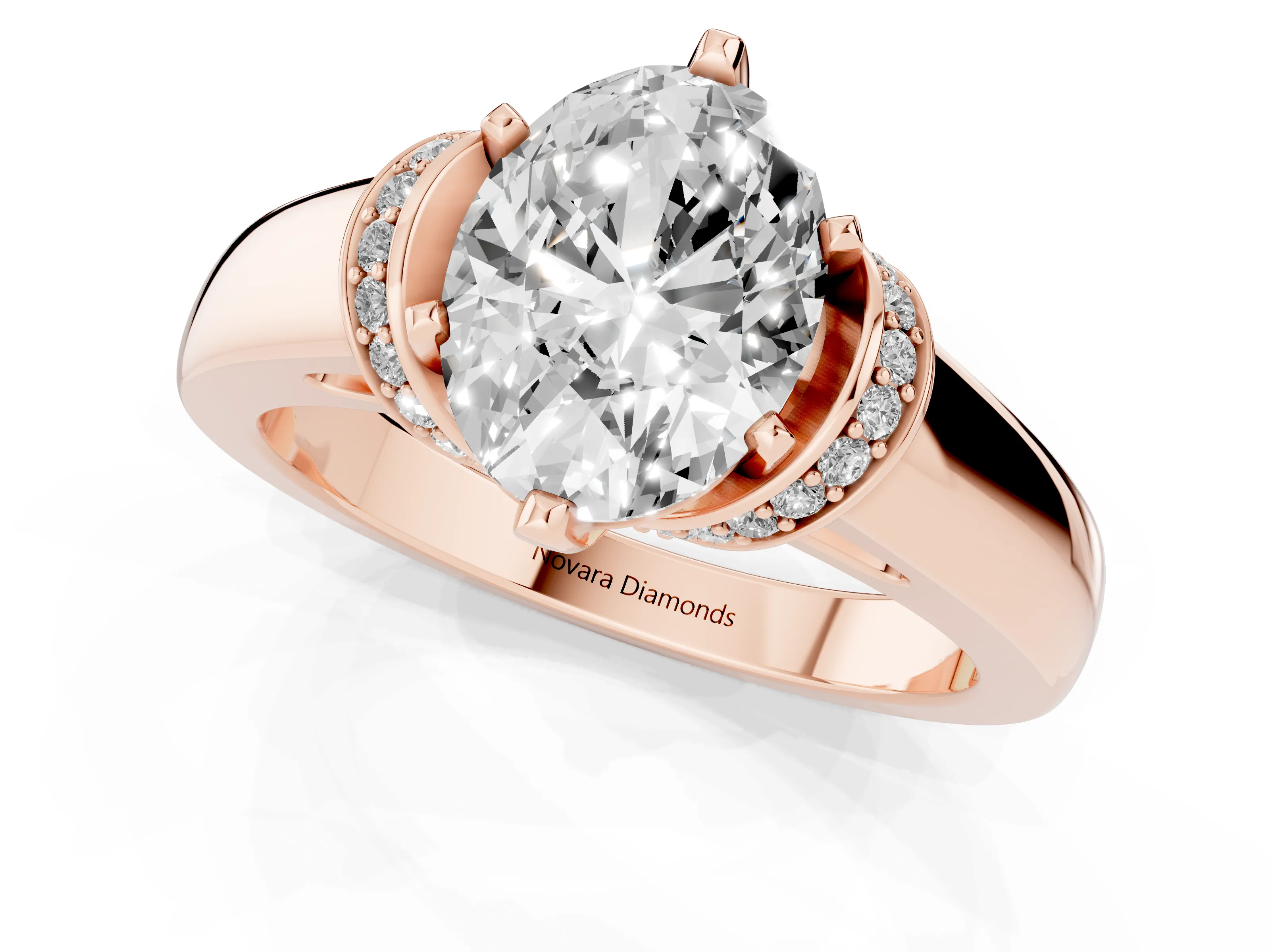 Oval Cut Diamond Pavé Band Solitaire Ring Set in Rose gold with Prong Setting