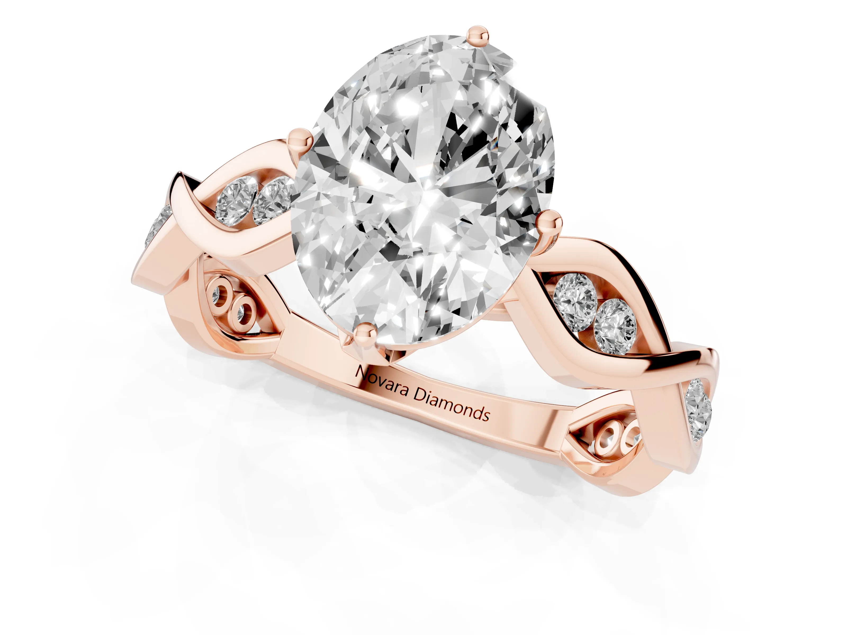 Oval Cut Diamond Twist Band Solitaire Ring Set in Rose gold with Leaf Prong Setting and Accent Stones