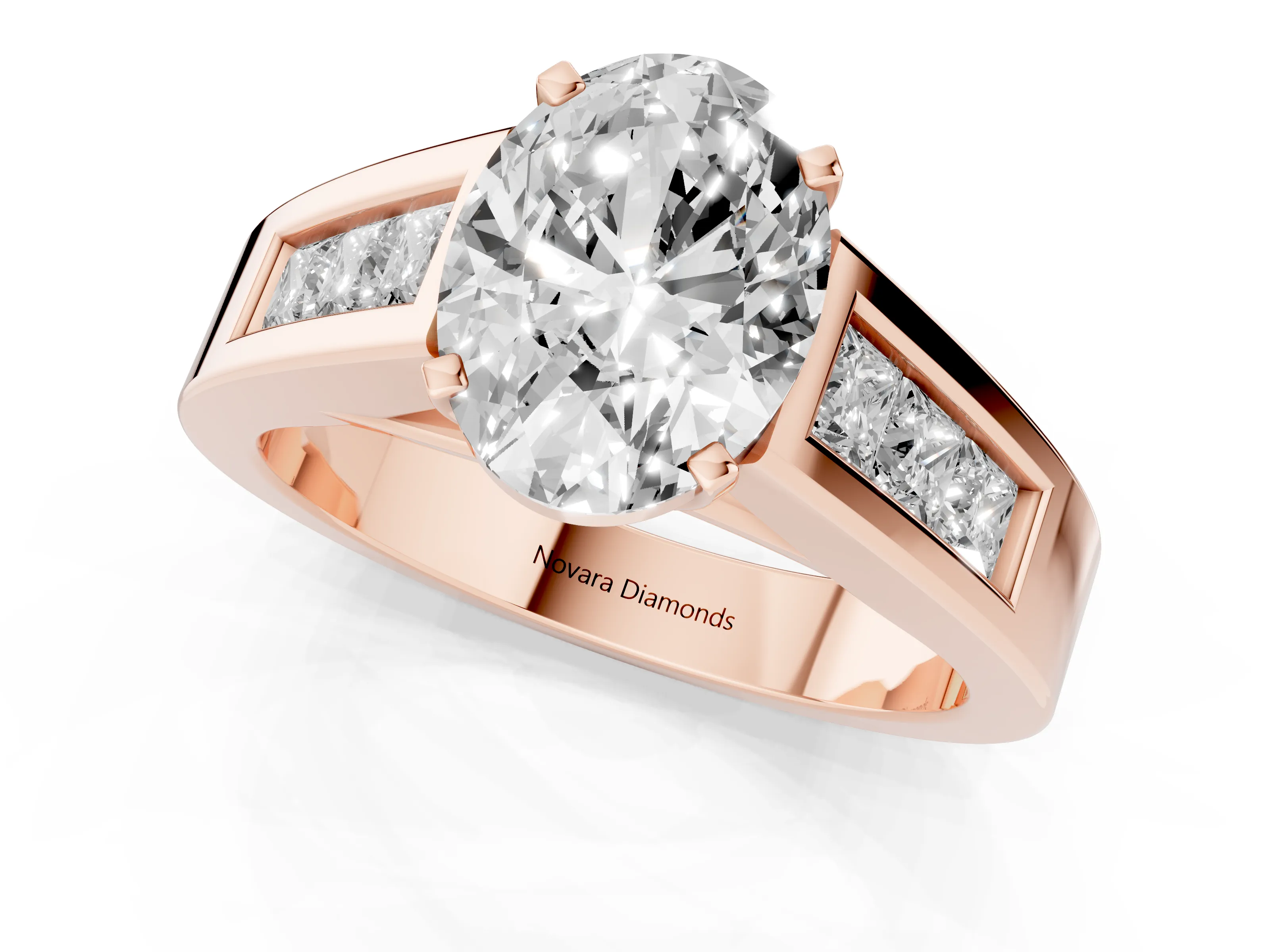Oval Cut Diamond Solitaire Ring Set in Rose gold with Channel-Set Accent Stones and Prong Setting