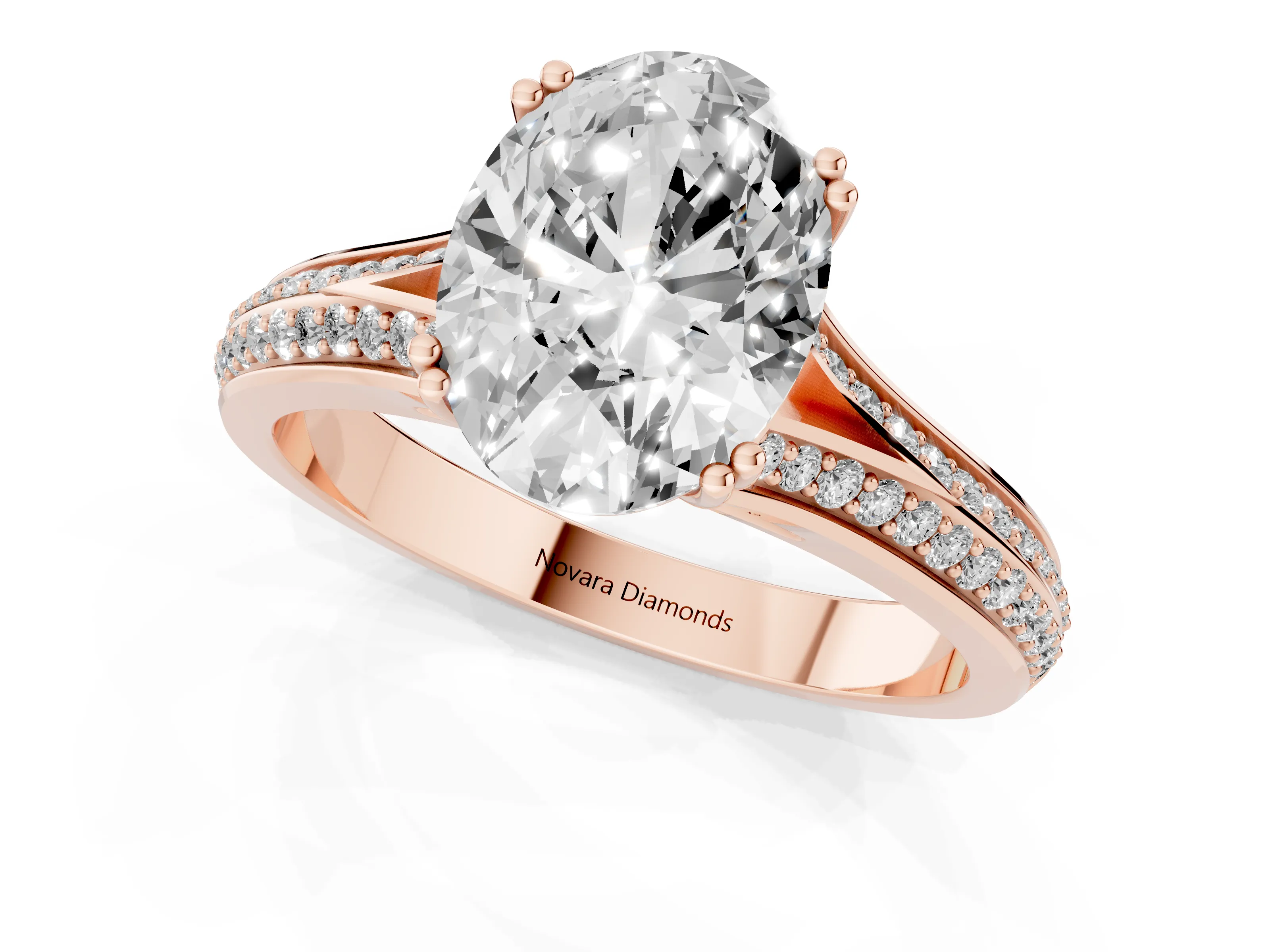 Oval Cut Diamond Split Shank Pavé Engagement Ring Set in Rose gold with Prong-Set Center Stone