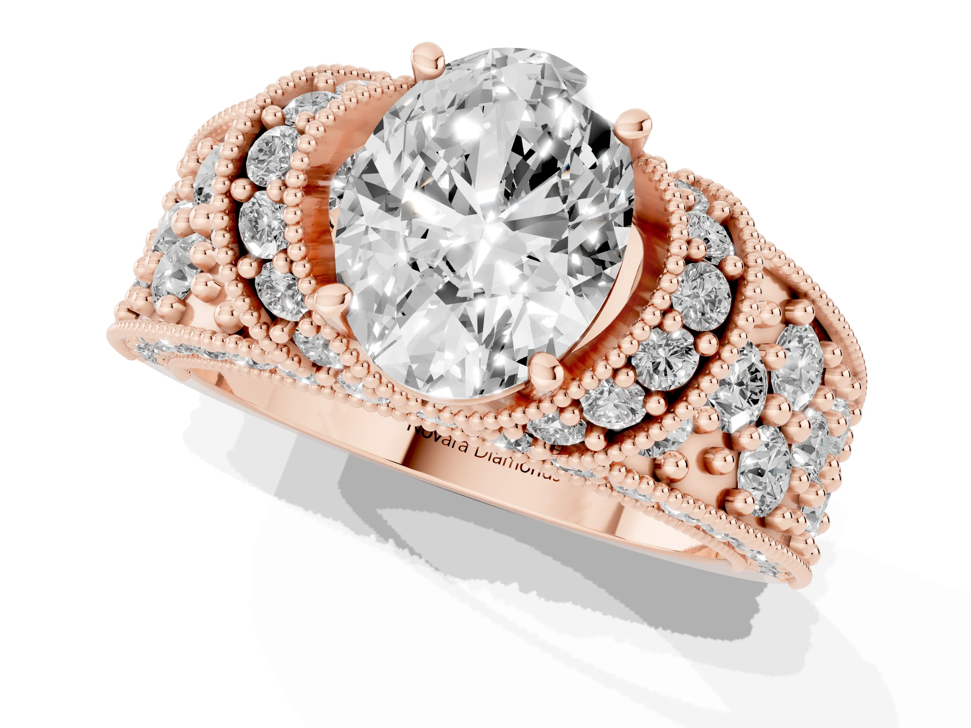 Oval Cut Diamond Milgrain Halo Pavé Engagement Ring Set in Rose gold with Prong Setting