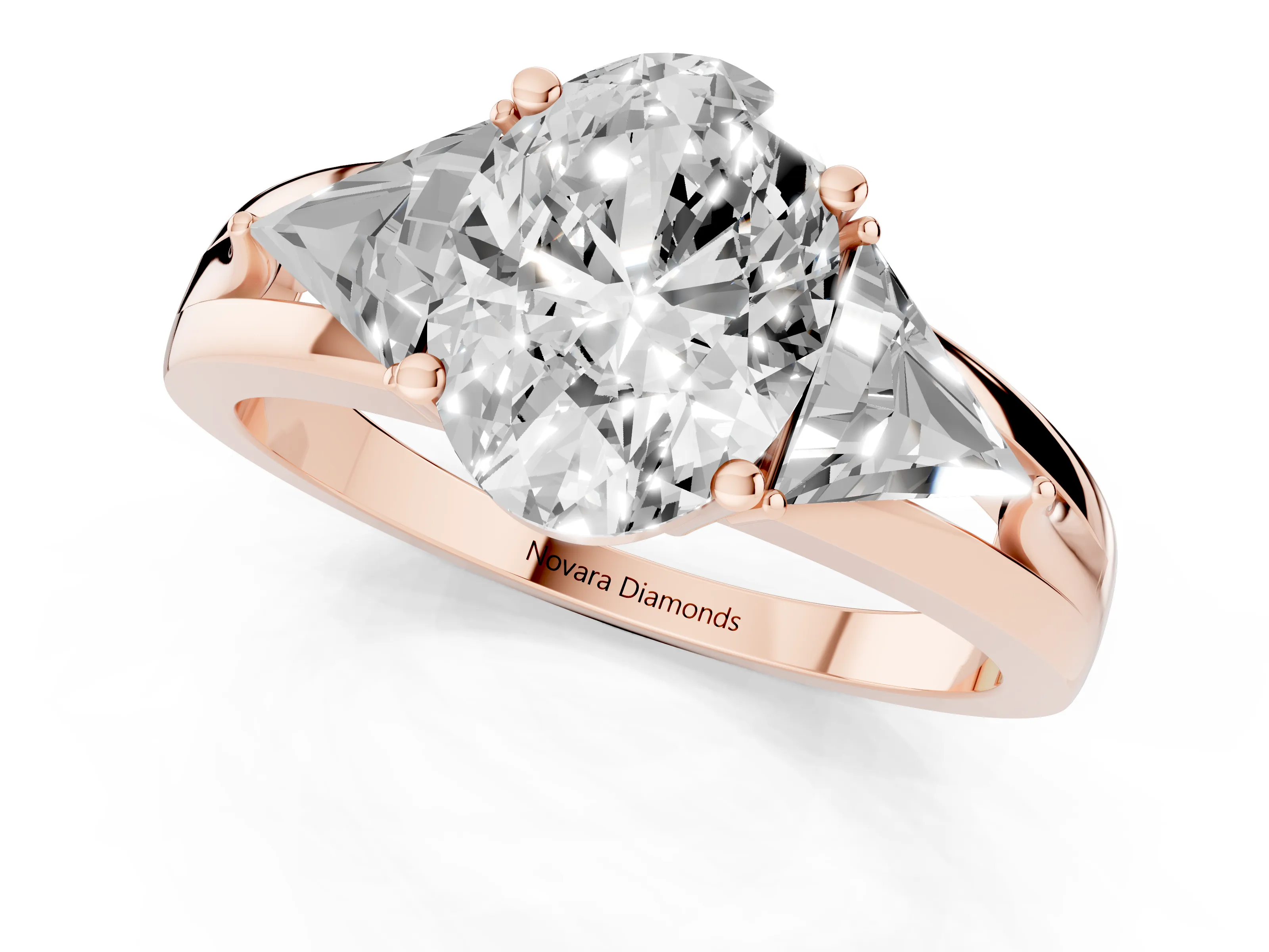 Oval Cut Diamond Three-Stone Ring Set in Rose gold with Trillion Side Stones and Split Shank