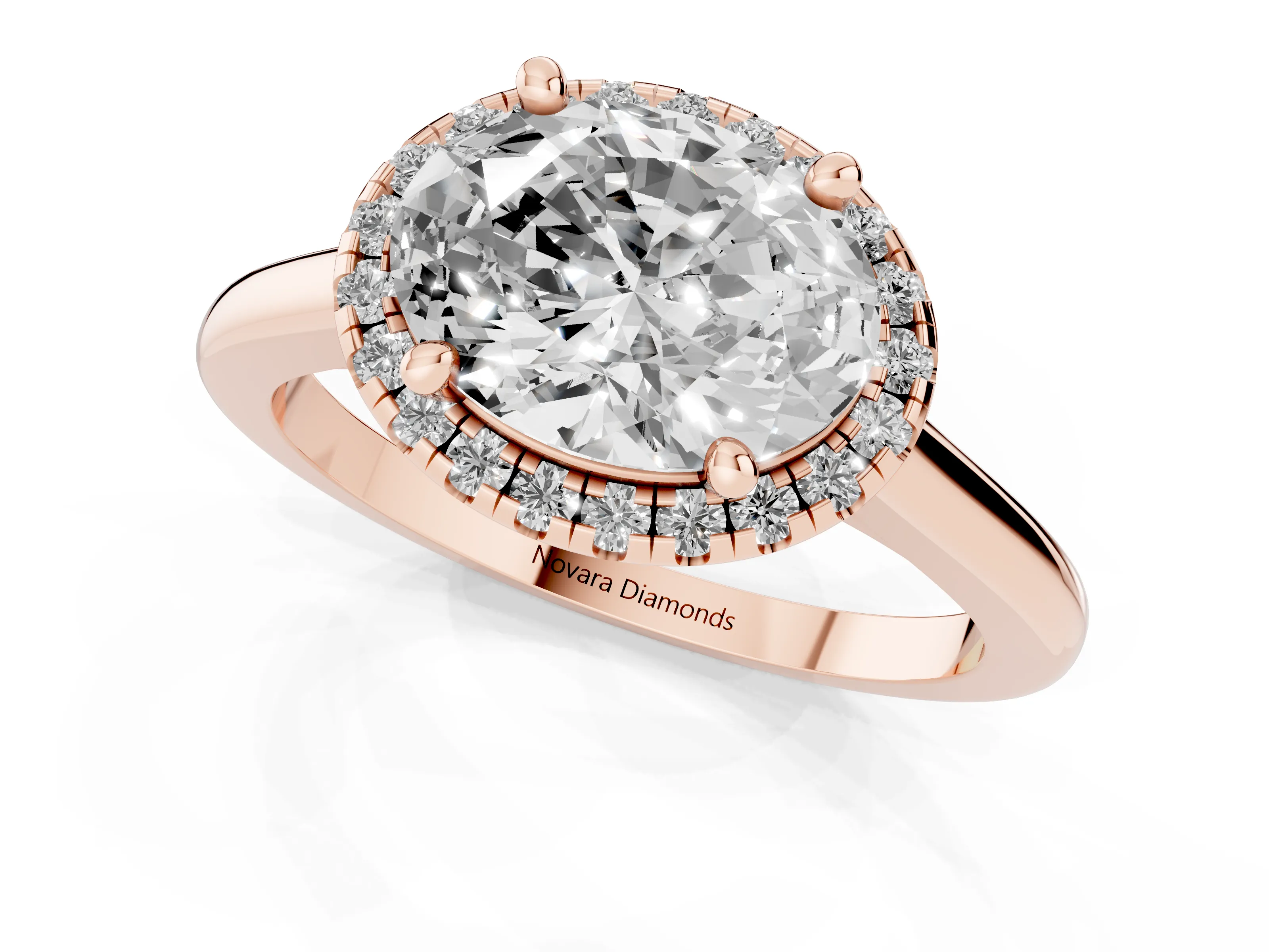 Oval Cut Diamond Halo Engagement Ring Set in Rose gold with Pavé Band and Rising Shoulders
