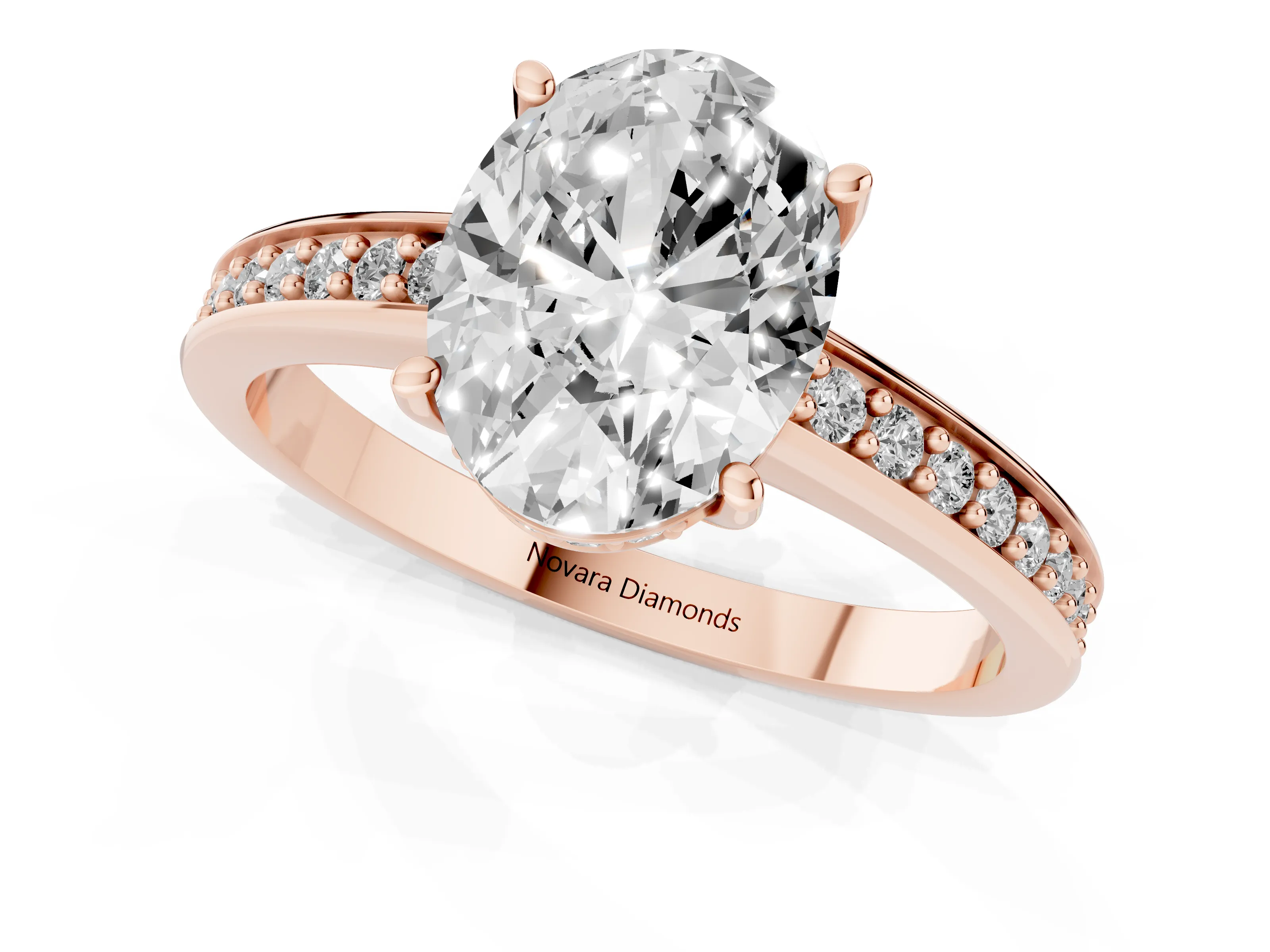 Oval Cut Diamond Pavé Band Prong Set Solitaire Ring Set in Rose gold