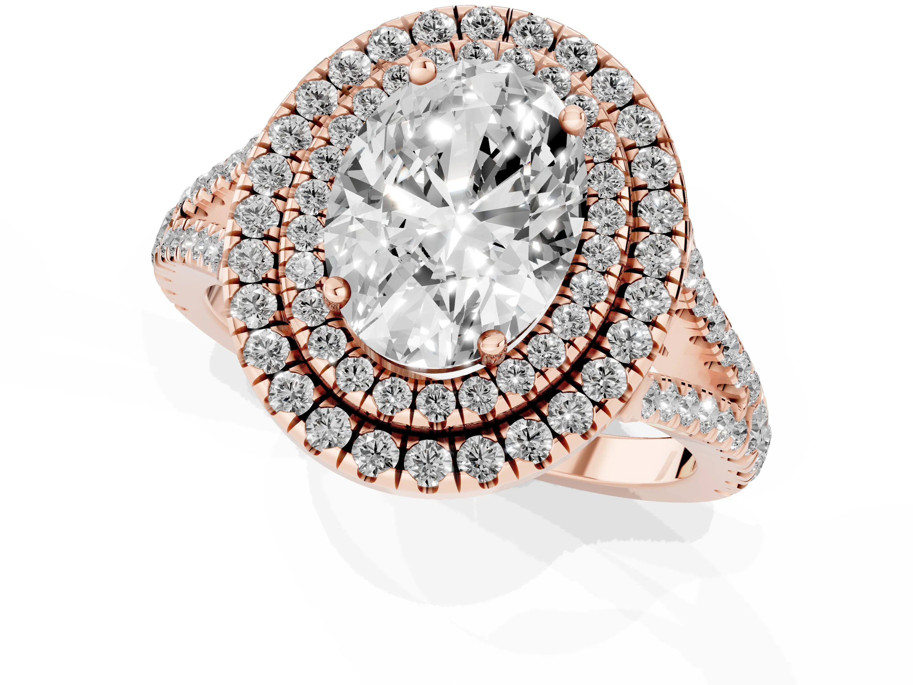 Oval Cut Diamond Double Halo Ring Set in Rose gold with Pavé Band