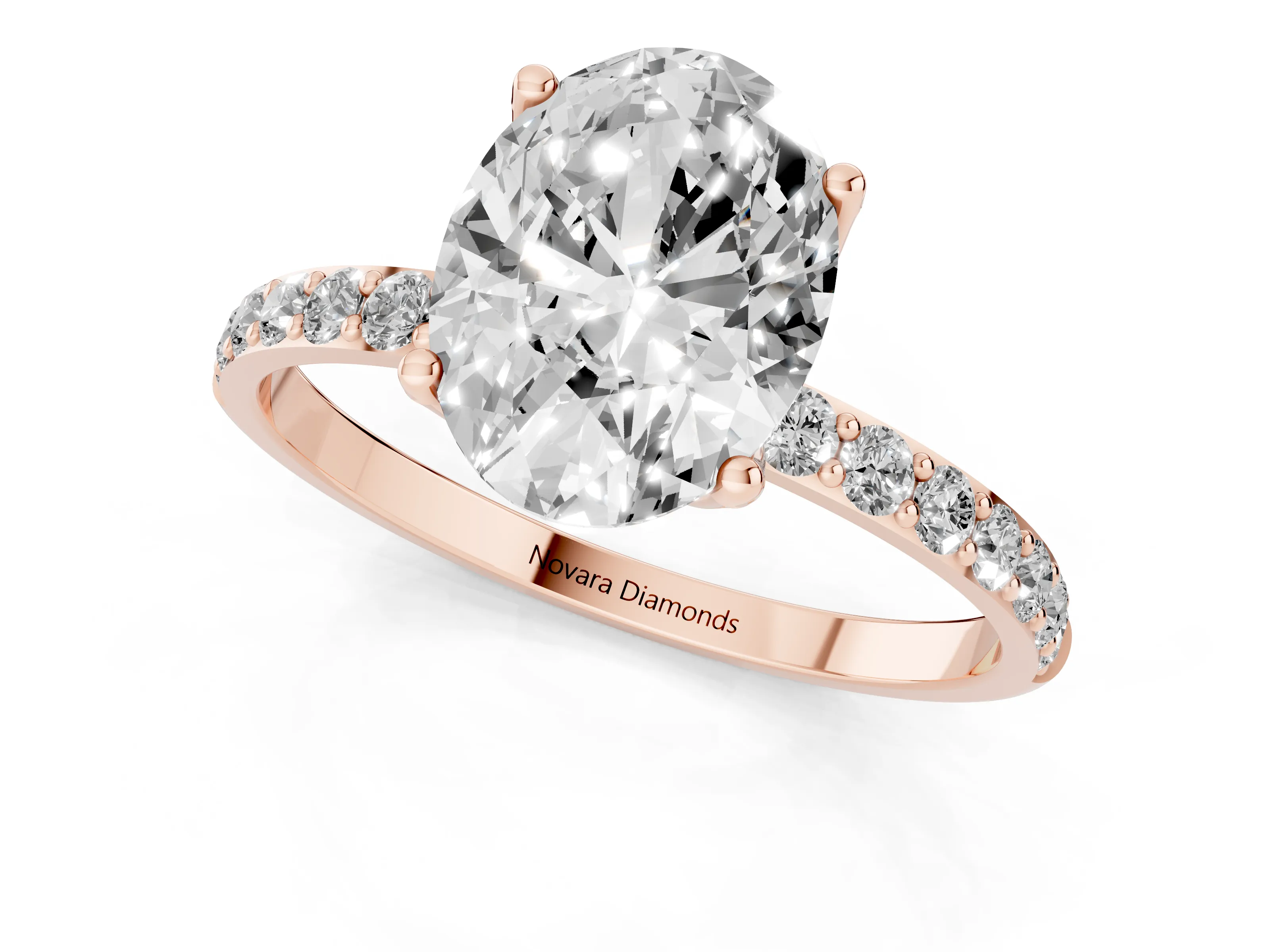 Oval Cut Diamond Solitaire Engagement Ring Set in Rose gold with Round Pavé Band and Prong Setting