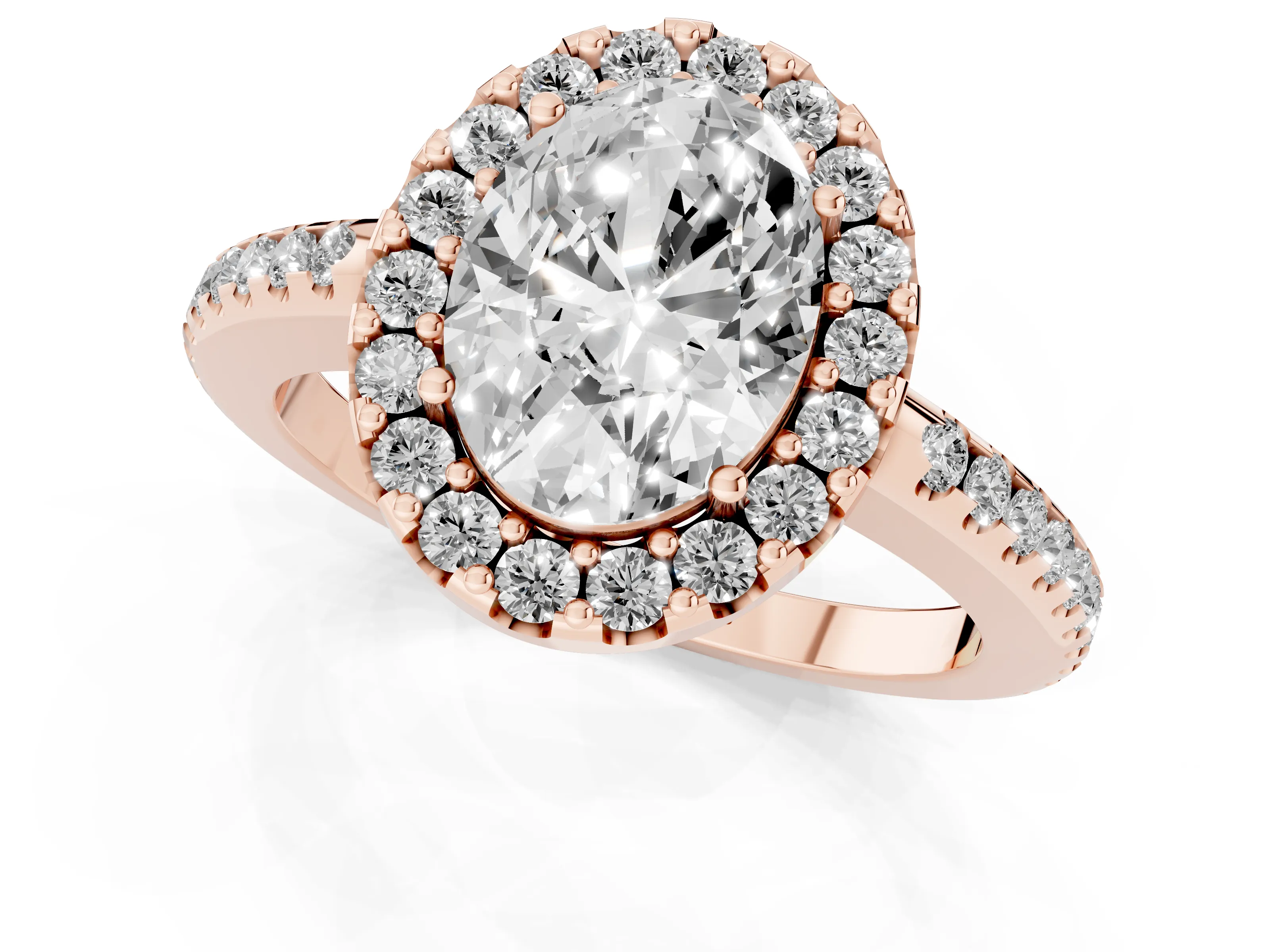 Oval Cut Diamond Pavé Halo Ring Set in Rose gold with Prong Setting