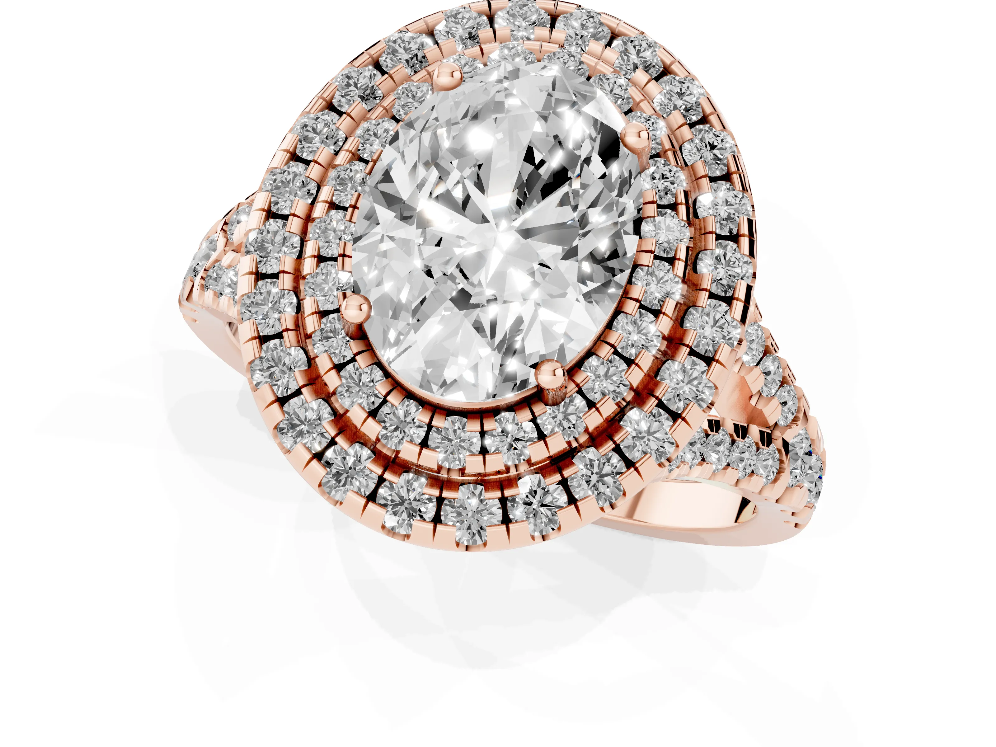 Oval Cut Diamond Double Halo Ring Set in Rose gold with Pavé Split Shank and Prong Setting