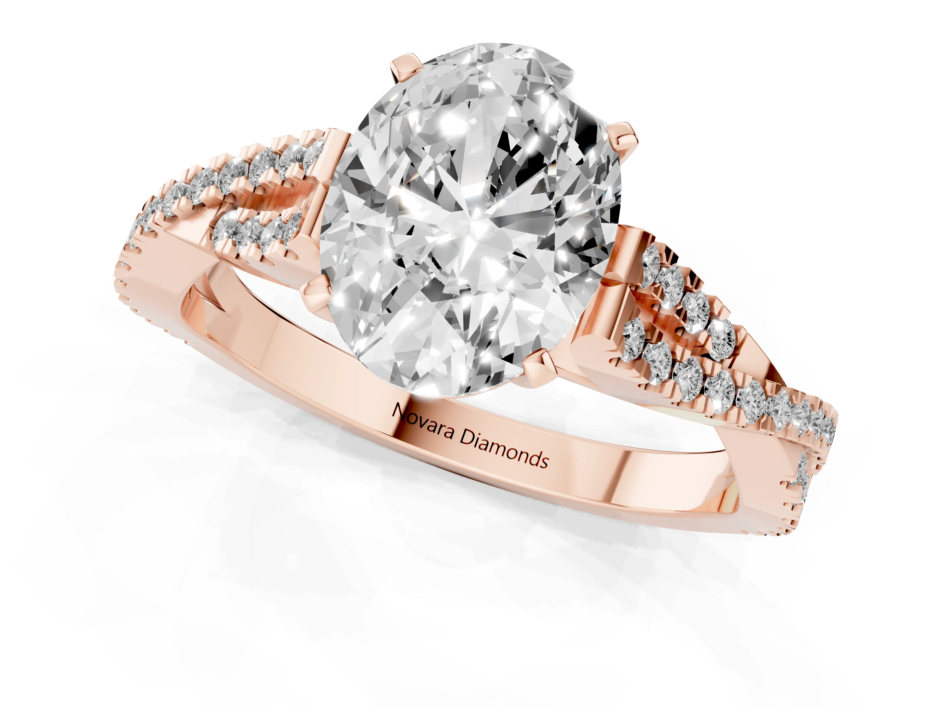Oval Cut Diamond Solitaire Engagement Ring Set in Rose gold with Twisted Pavé Band and Prong Setting