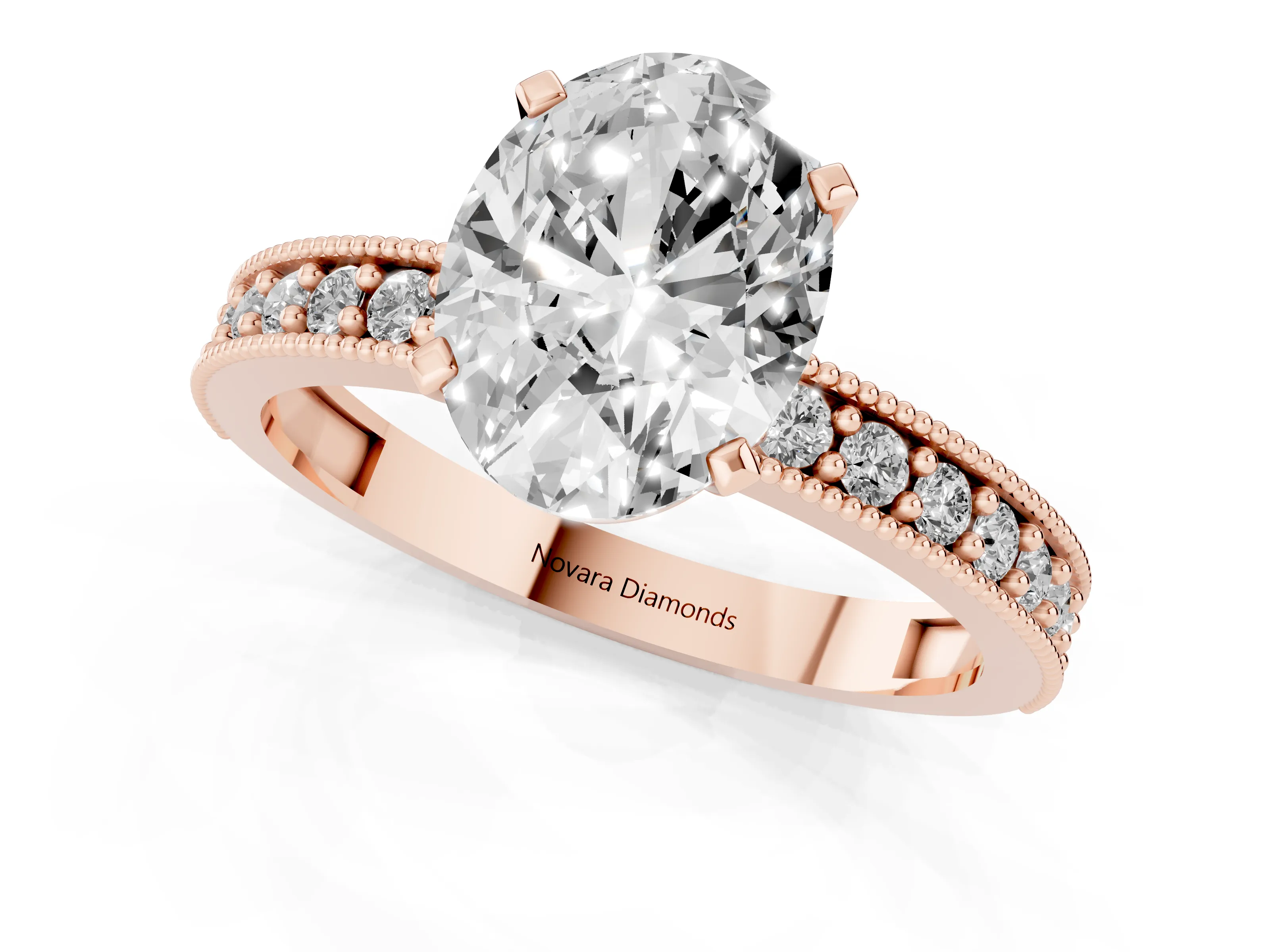Oval Cut Diamond Milgrain Pavé Engagement Ring Set in Rose gold with Prong Setting
