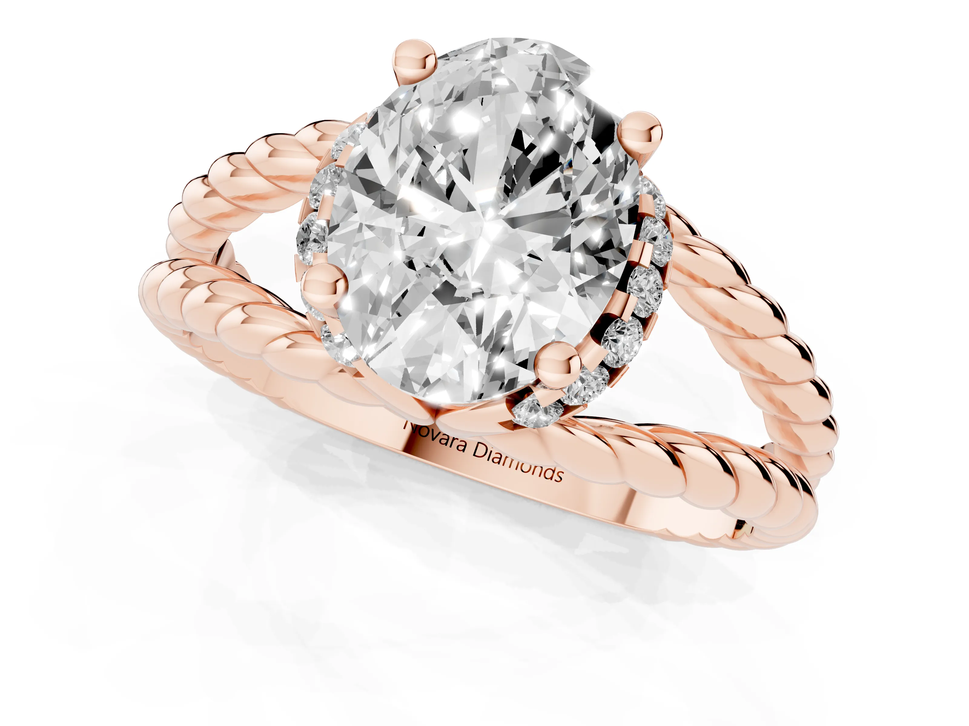 Oval Cut Diamond Halo Ring Set in Rose gold with Twisted Band and Prong Setting