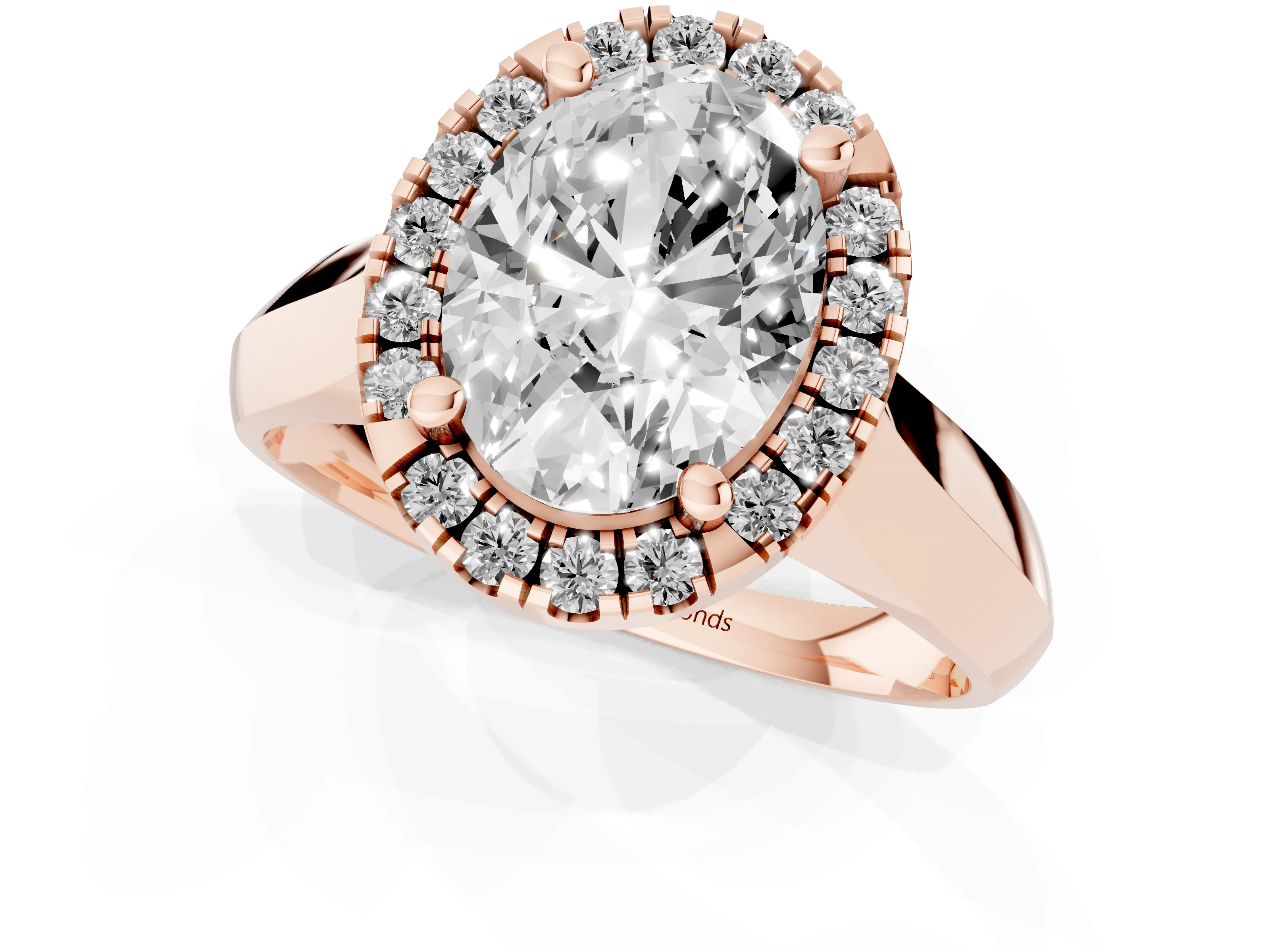Oval Cut Diamond Halo Solitaire Engagement Ring Set in Rose gold with Square Band and Prong Setting